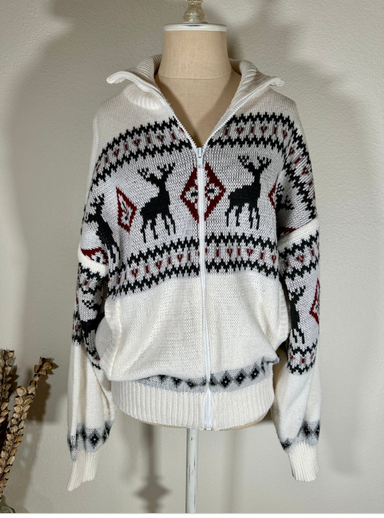 Vintage 90s Scandia Woods Cardigan Sweater Zip Front Deer Design Knit