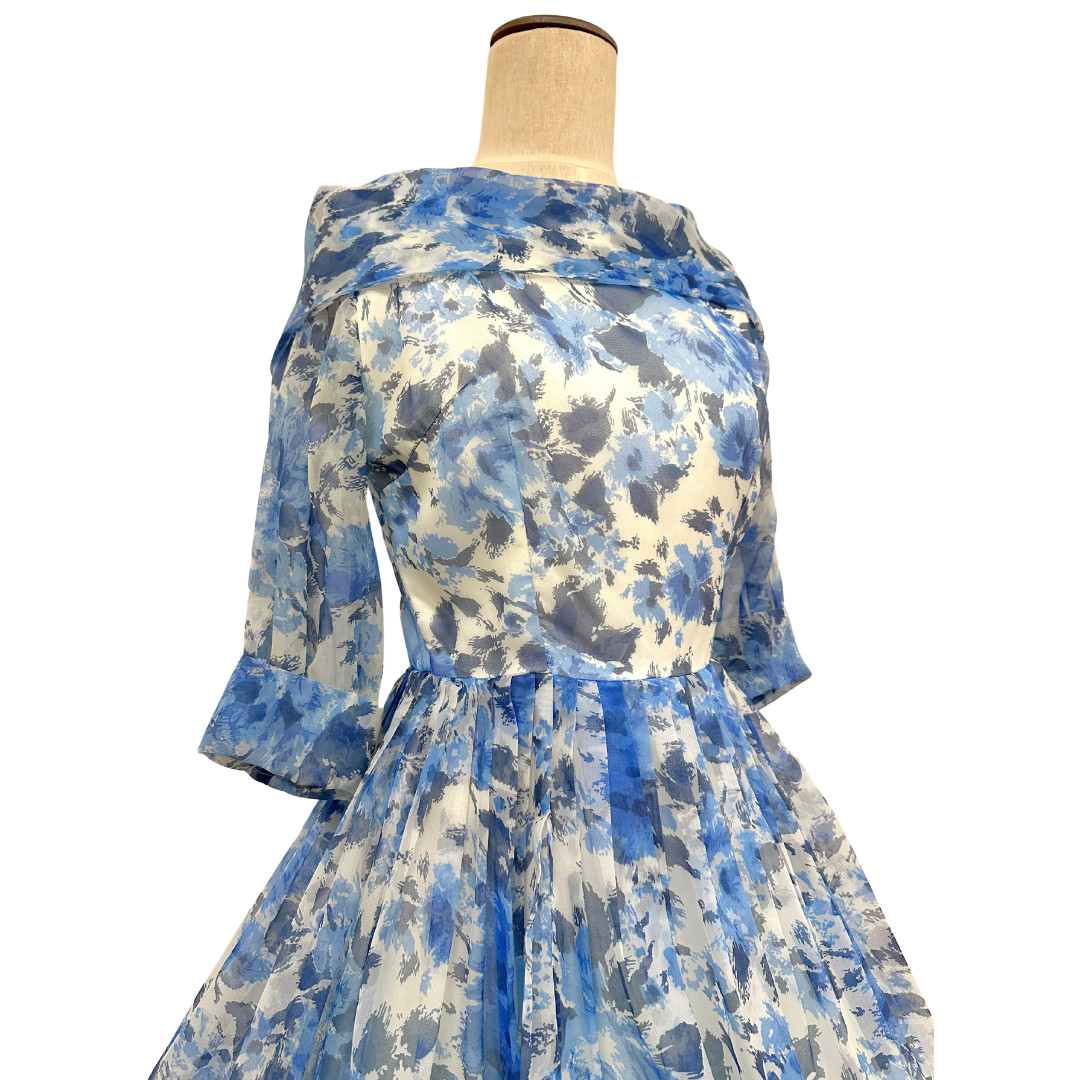 Vintage 1950s Blue Floral Chiffon Fit n Flare Tea Party Boat Neck Dress
