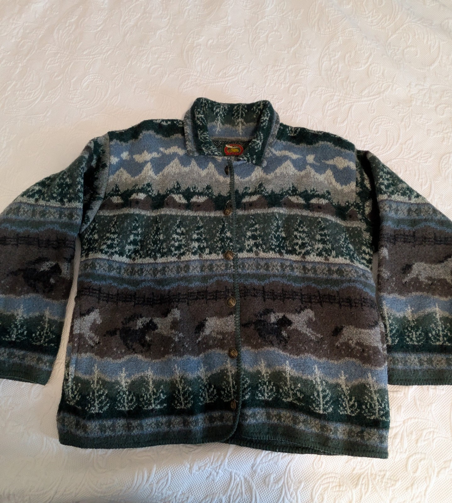 Vintage Alps 100% Wool Cardigan Sweater Women’s XL Mountain Scene Horse Cabin