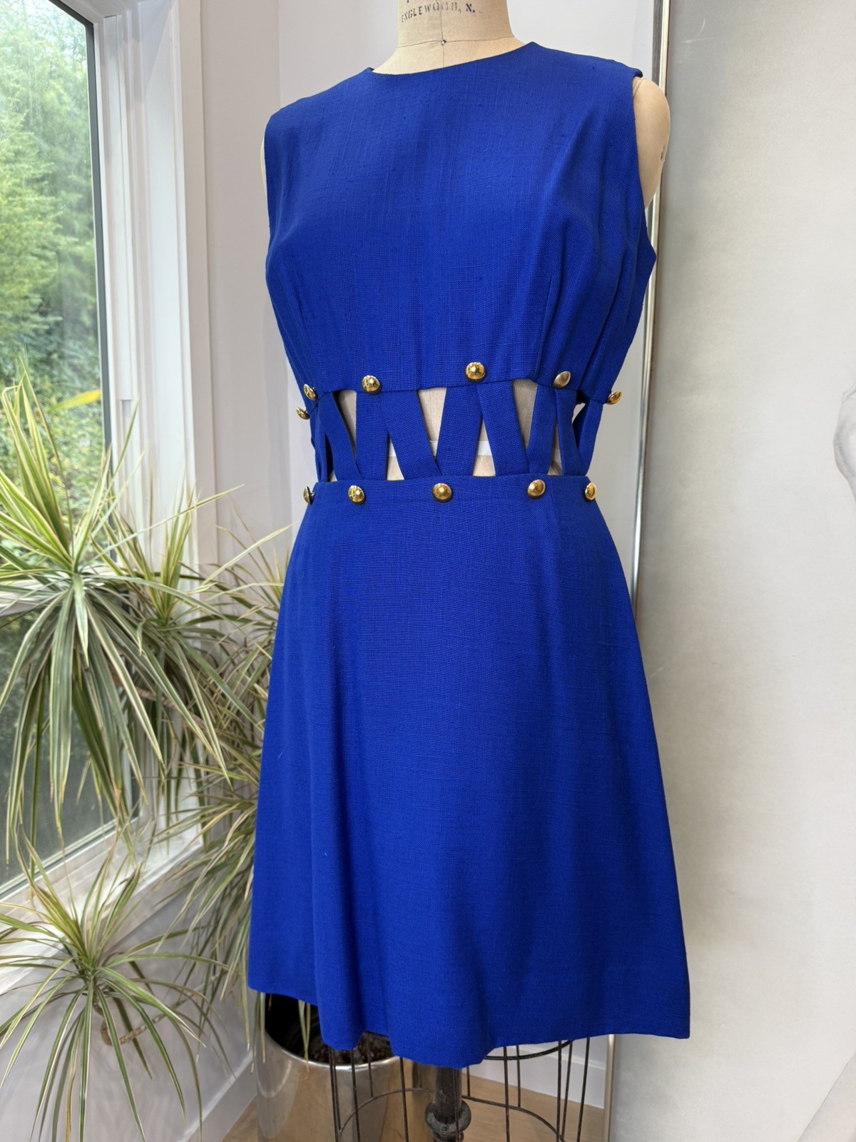 MOD Cut Out Waist Vintage 60s Shift Rayon Linen Dress Cardin Vibe Blue Italy