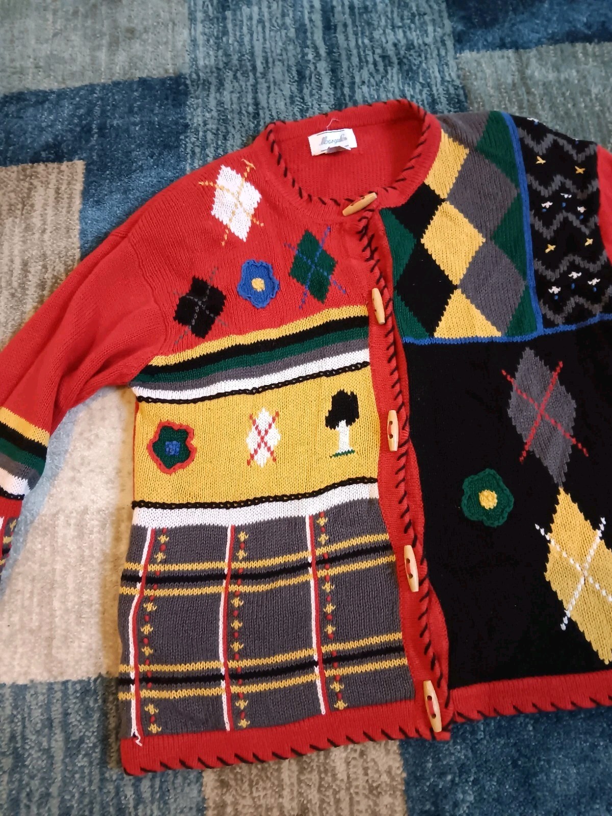Margules Vintage Sweater Cardigan Medium Shoulder Pads Red Multicolor