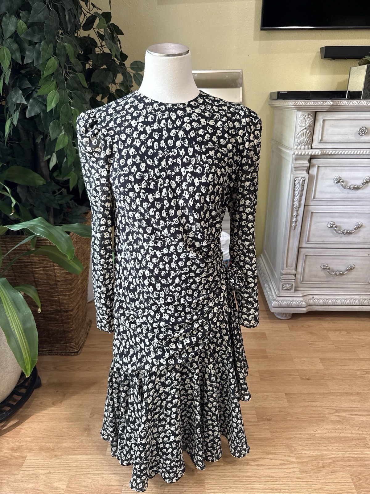 Vintage 80s Dark Floral Dress Puff Sleeve Draped Rosette Midi Size 8