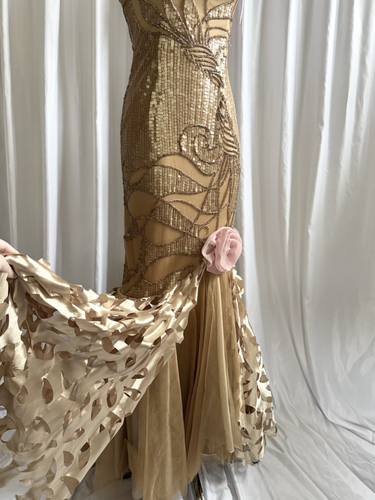 Vintage Gold Fairy Beaded Sequin Ruffle Mesh Vacation Princess Formal Gown Dress