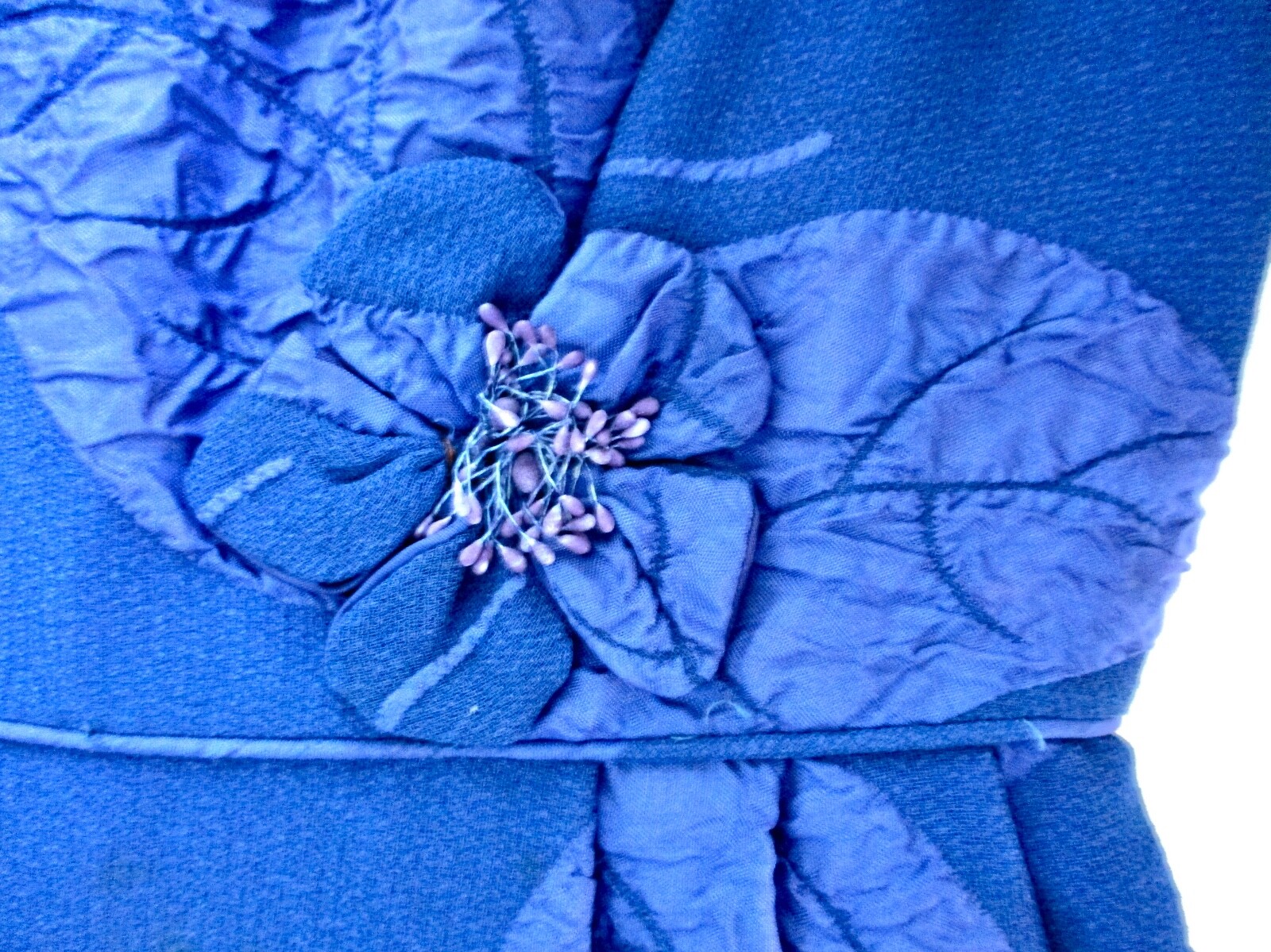 Vtg 50s Rockabilly Cobalt Blue Wiggle Dress Silk Crepe Leaf Flower Applique 13