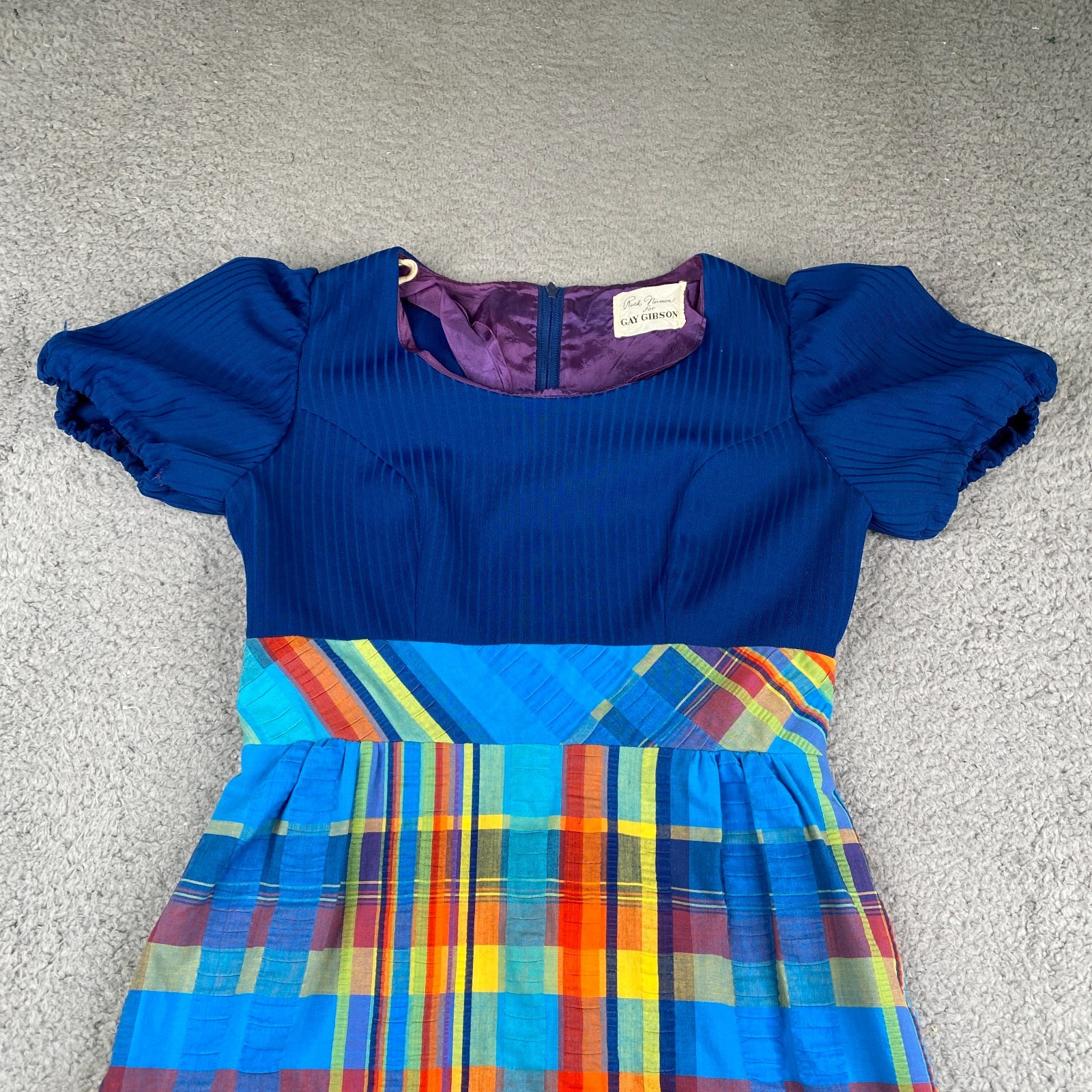 Vintage Ruth Norman Maxi Dress Womens Small Blue Plaid Short Sleeve Poly