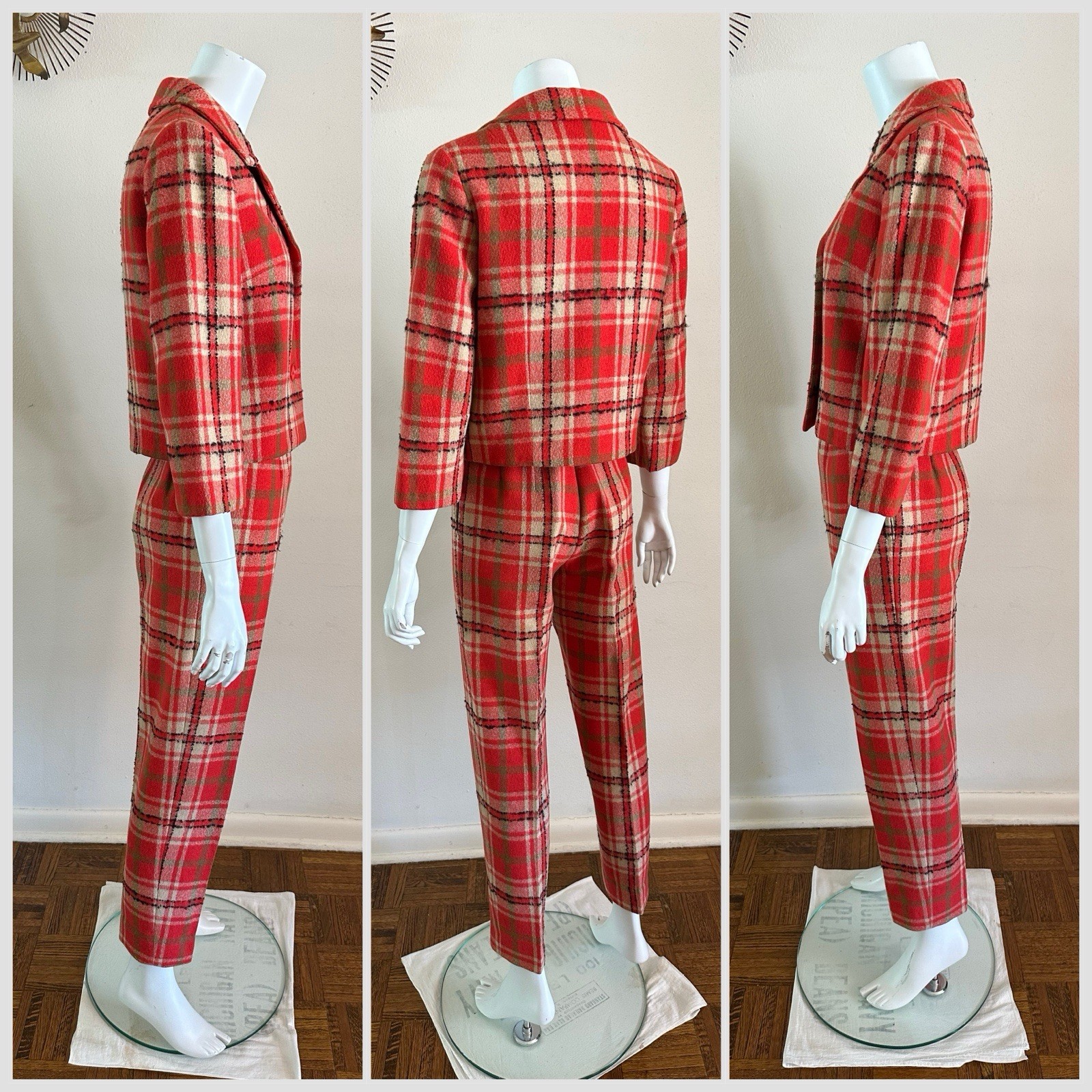 1960s Red Plaid Wool 3-Pc Set Jacket Skirt Pants Handmade Mod Suit Size Zip VTG