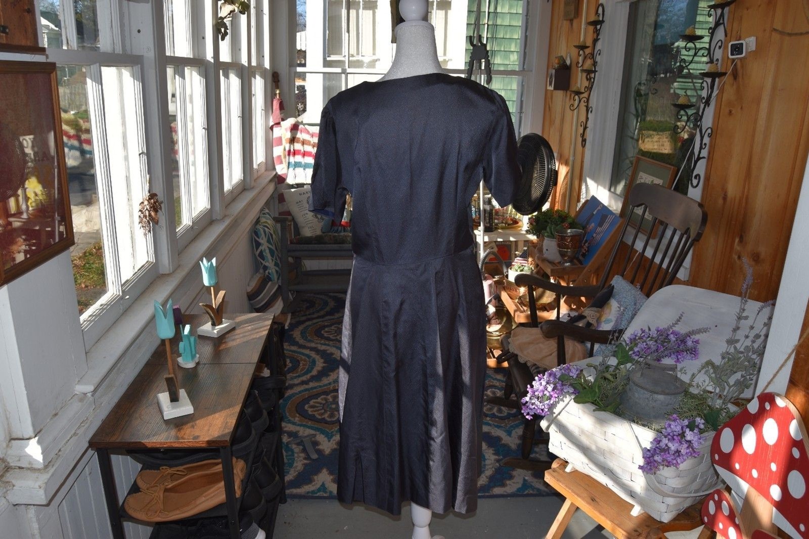 Vintage Handmade 1960s Shirt Dress A-Line Skirt Assymetrical Snap Blue Medium