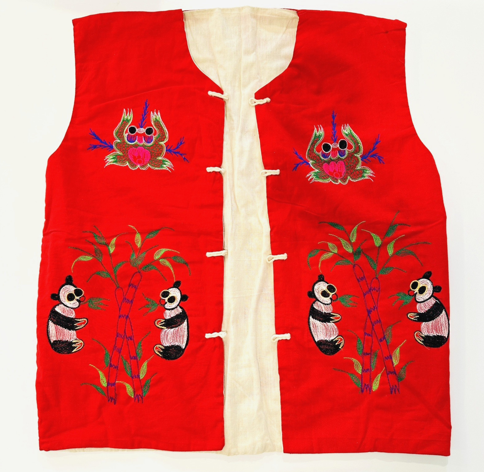 Vintage Embroidered Asian Vest Dragon Panda Frog Chinese Beautiful