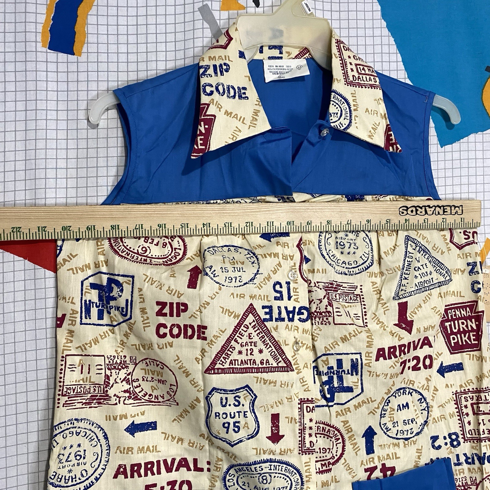 Vintage 70s Sears Novelty Shirt Large Dagger Smock Highway Signs Travel Hippie