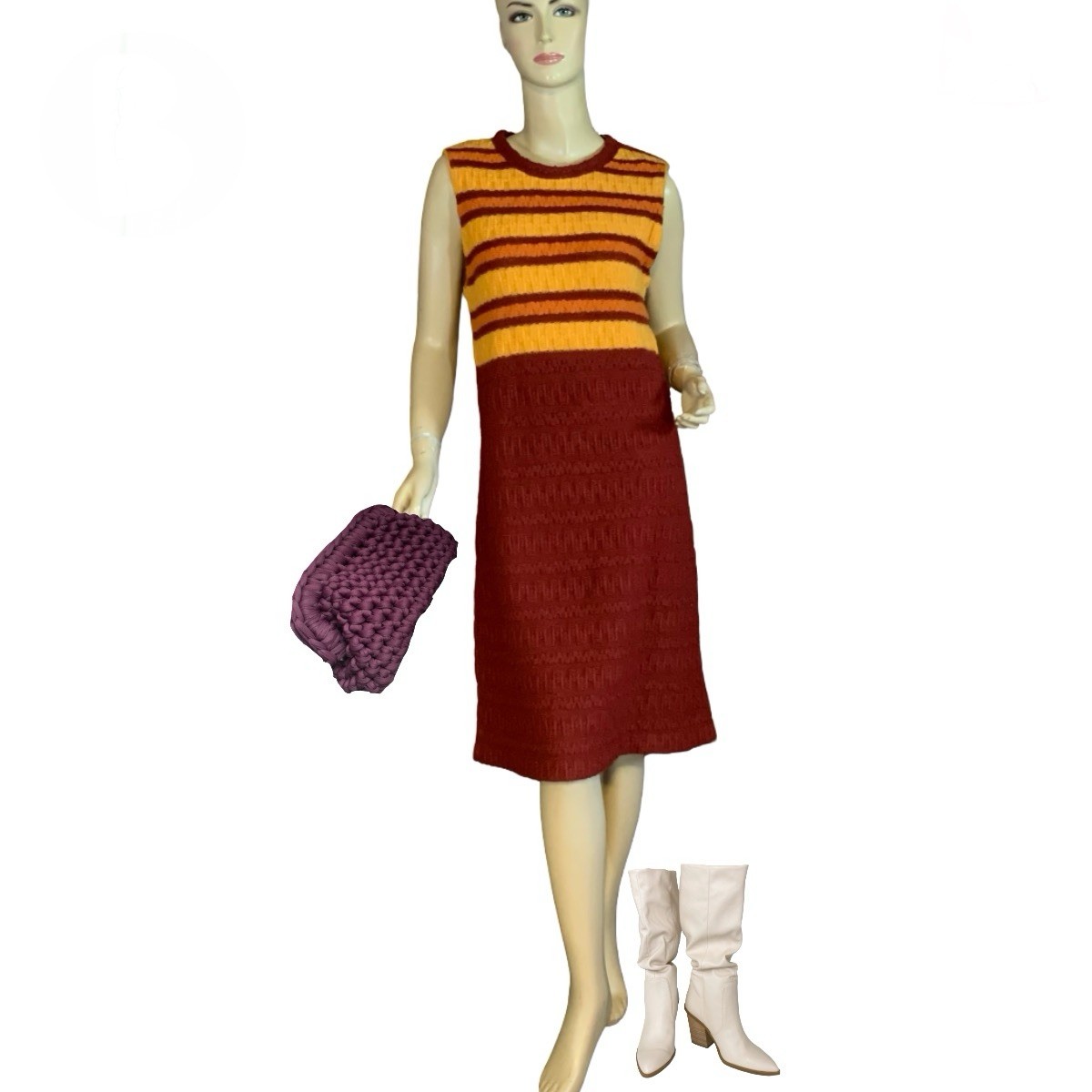 VINTAGE CIRCA 1970’S BEELINE YELLOW & BROWN CABLE KNIT SWEATER DRESS SIZE APPX L