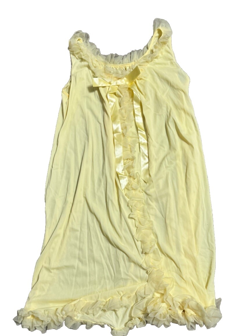 Vgt 60’s Sculptress Pale Yellow Sheer Nylon Lingerie Satin Ribbon Ruffles Sz S