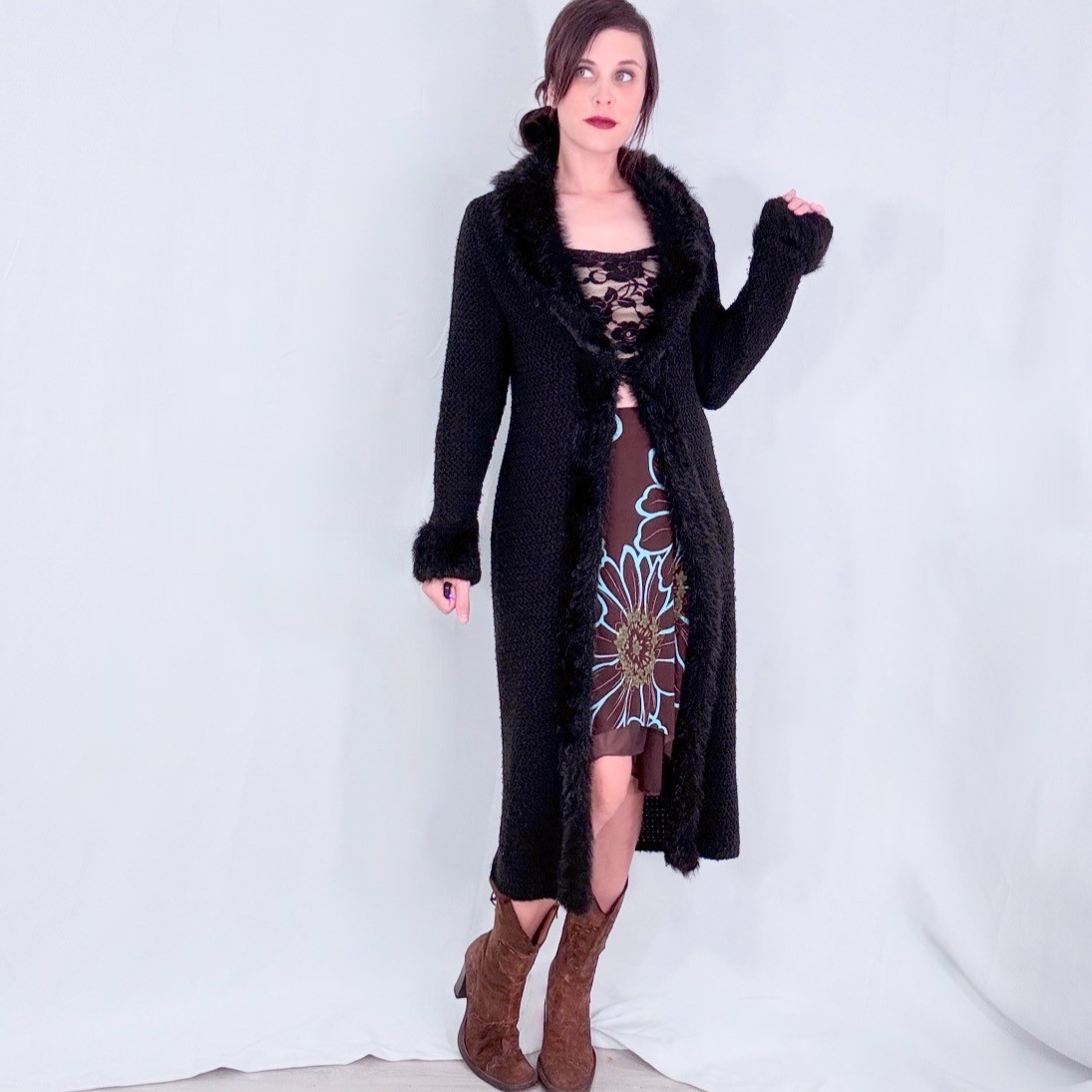 Vintage 90s Y2k Sweater Duster Faux-Fur Trim Midi Cardi Coat Knit Jacket