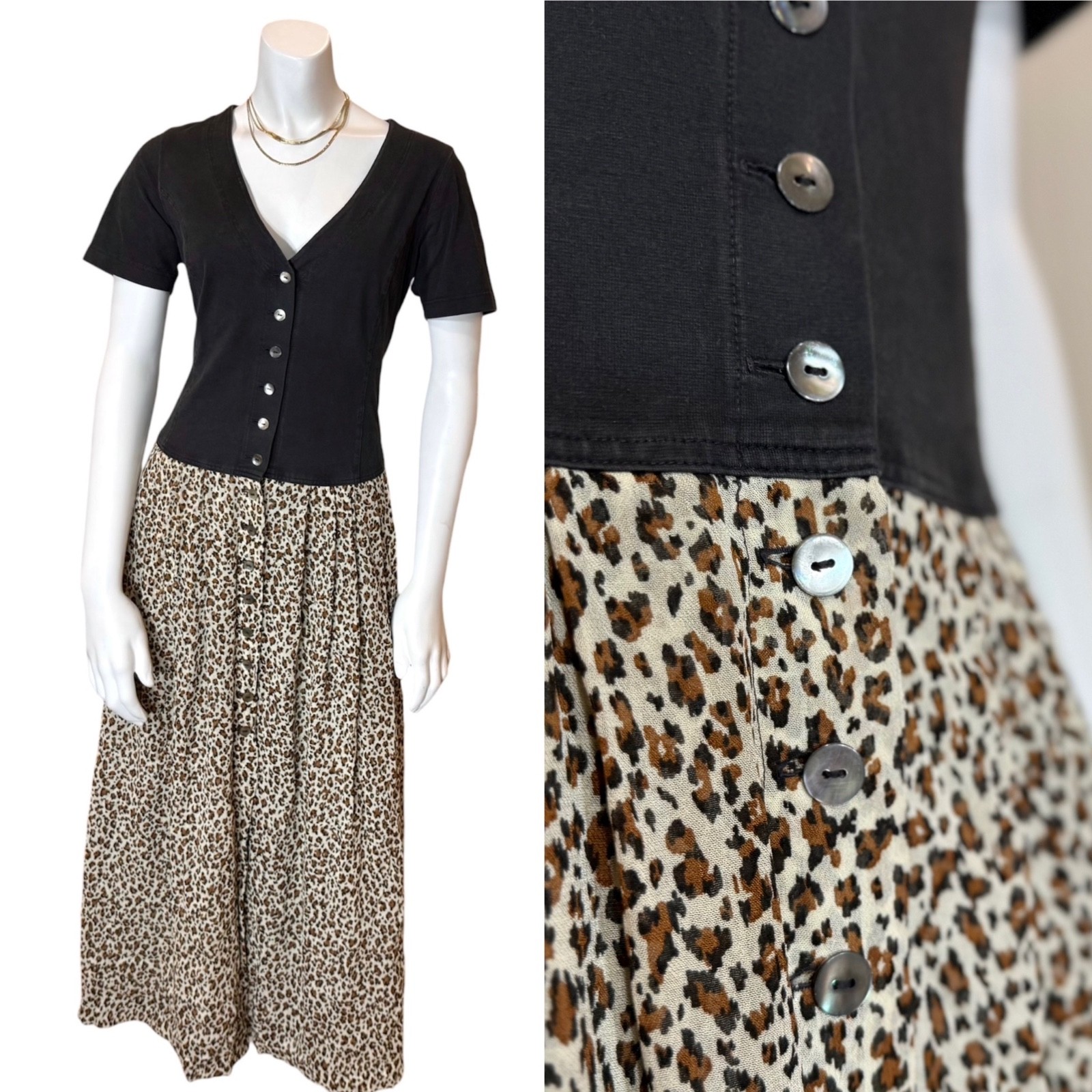 Vintage 90’s LEOPARD GRUNGE T SHIRT DRESS M Leopard Print Shell Buttons Retro