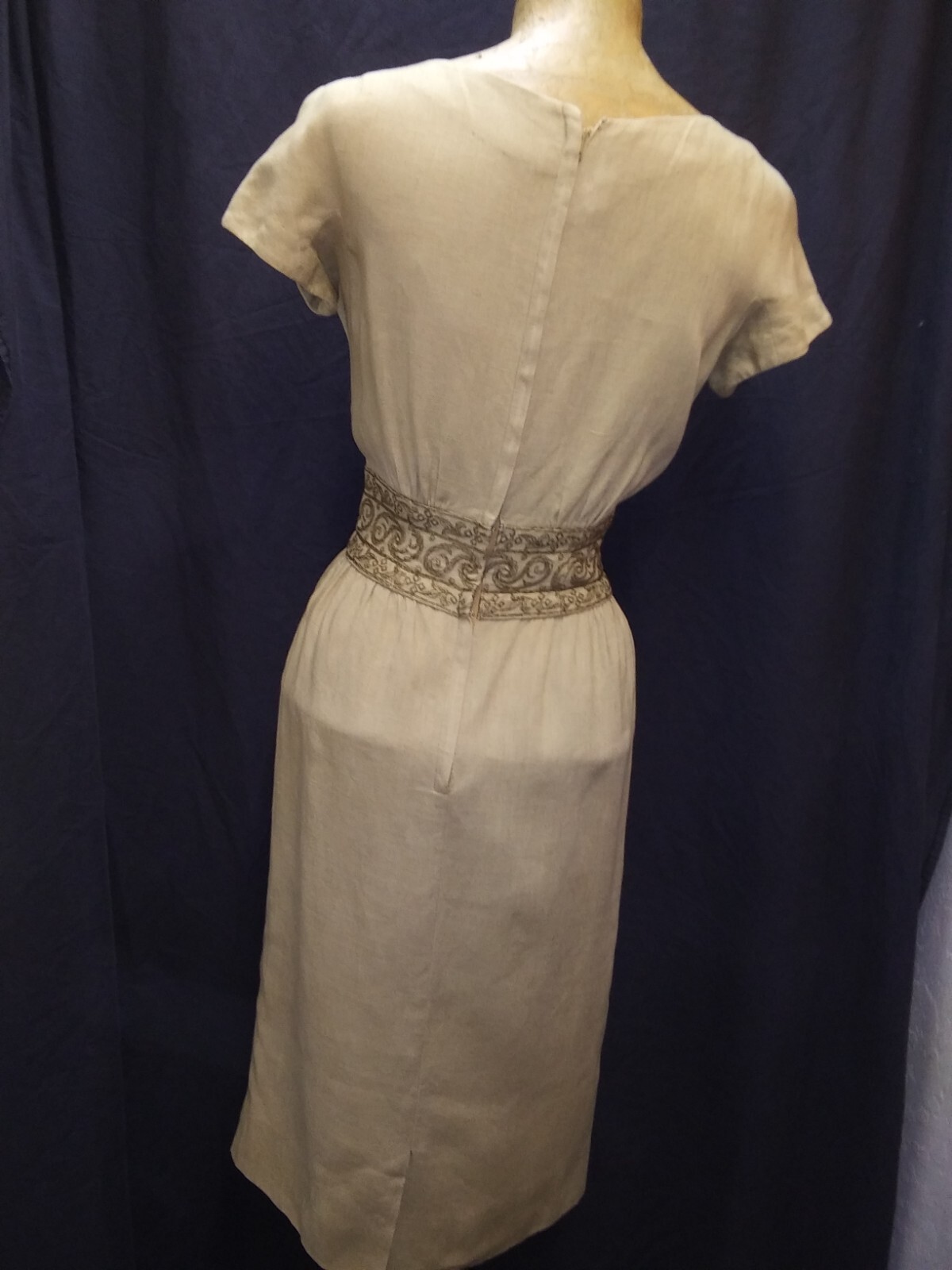 Vintage 1950’s Tan Linen Brown Embroidery Dress & Jacket Carlyle Moygashel S