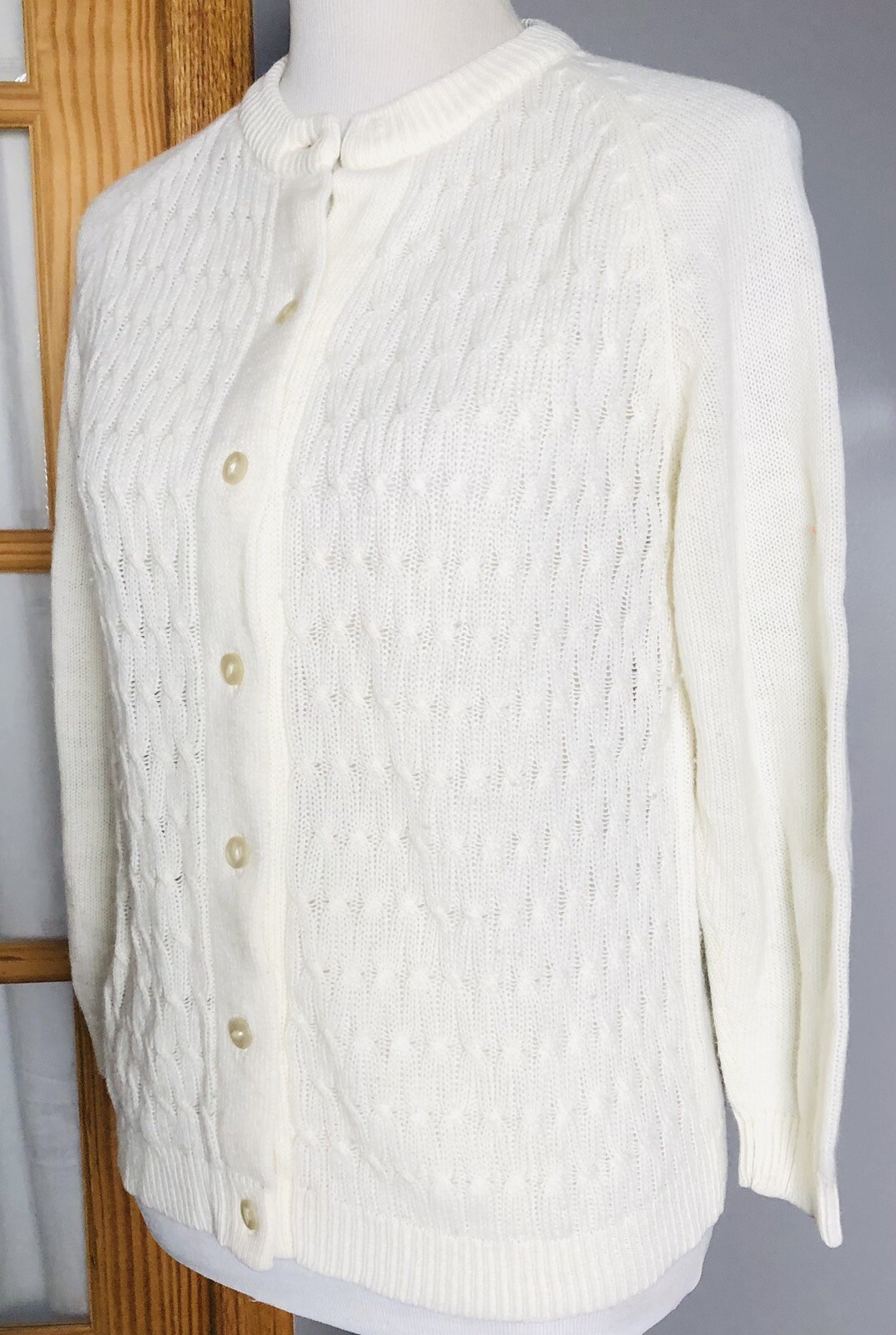 Vtg 90s Handmade Textured Knit Cardigan Women’s M White Buttons Coastal Cottage