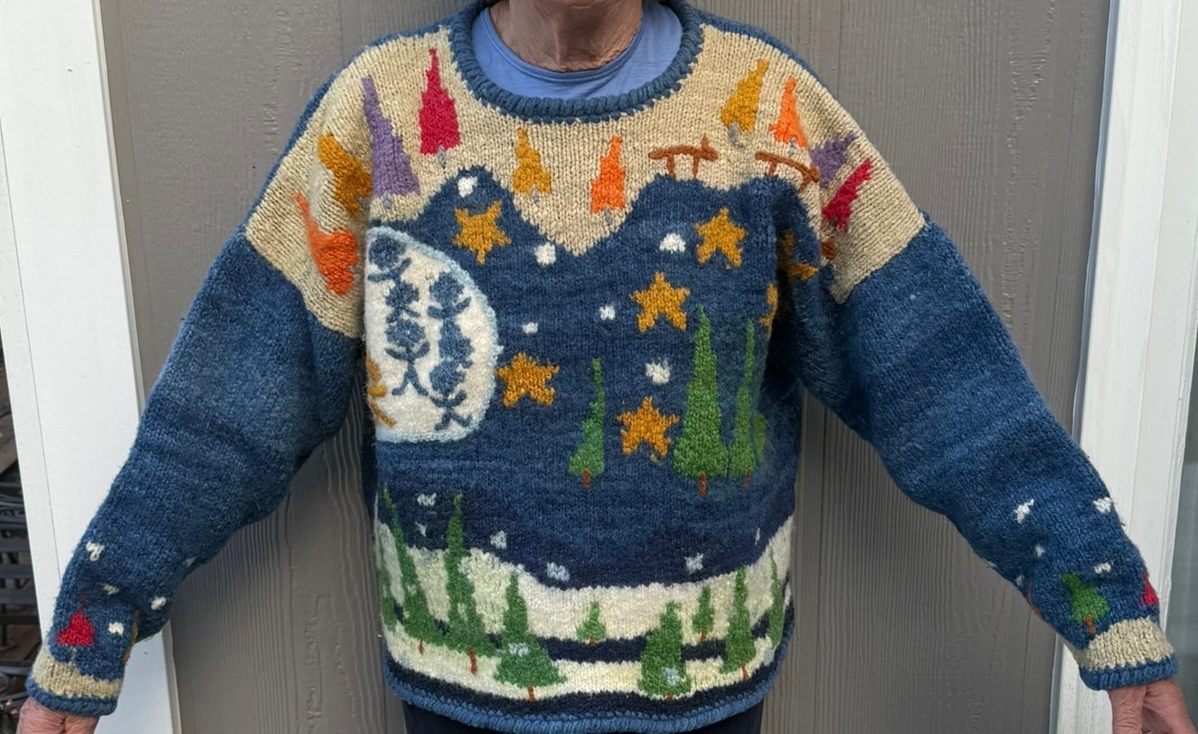 Vtg Amano Bolivian Wool Hand Knit Sweater Christmas Trees Stars Night Sky Aymara