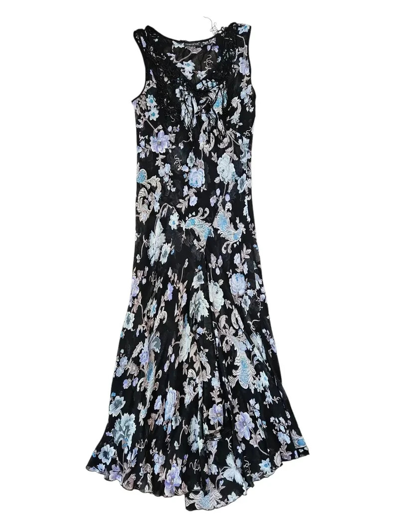 Temptations 1990 Black Rayon Gauze Floral Bias Cut Dress XL Piano Shawl Fringe