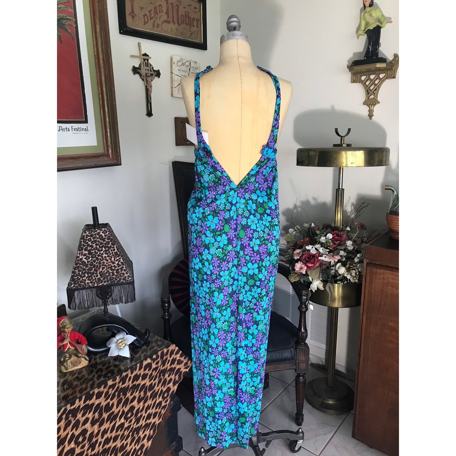 Vintage 1960s High Tide Halter Maxi Dress Blue Purple Floral Retro Tiki Resort