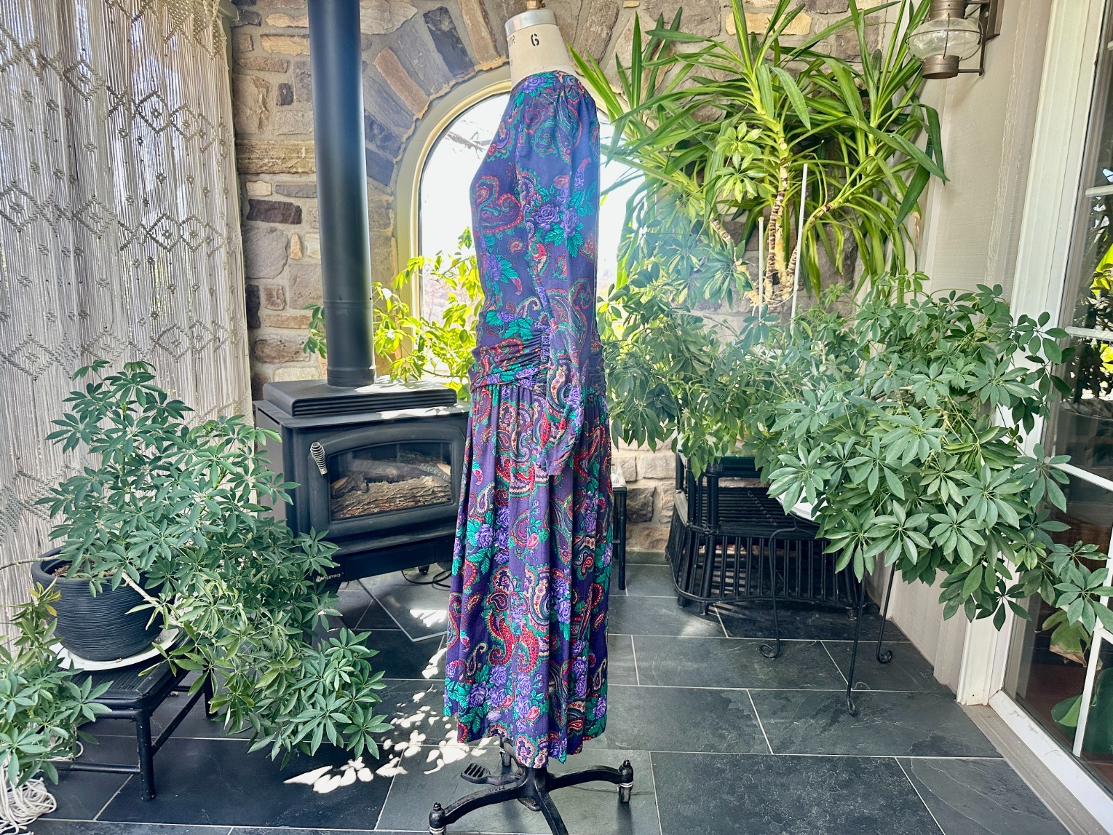 Vintage 1980s Purple Green and Red Paisley Rayon Dress Expo