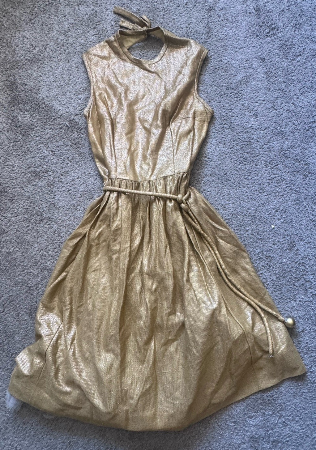 Vintage 1960s Metallic Gold Lurex Cocktail Party Dress – Cut-Out Bow Back S/M