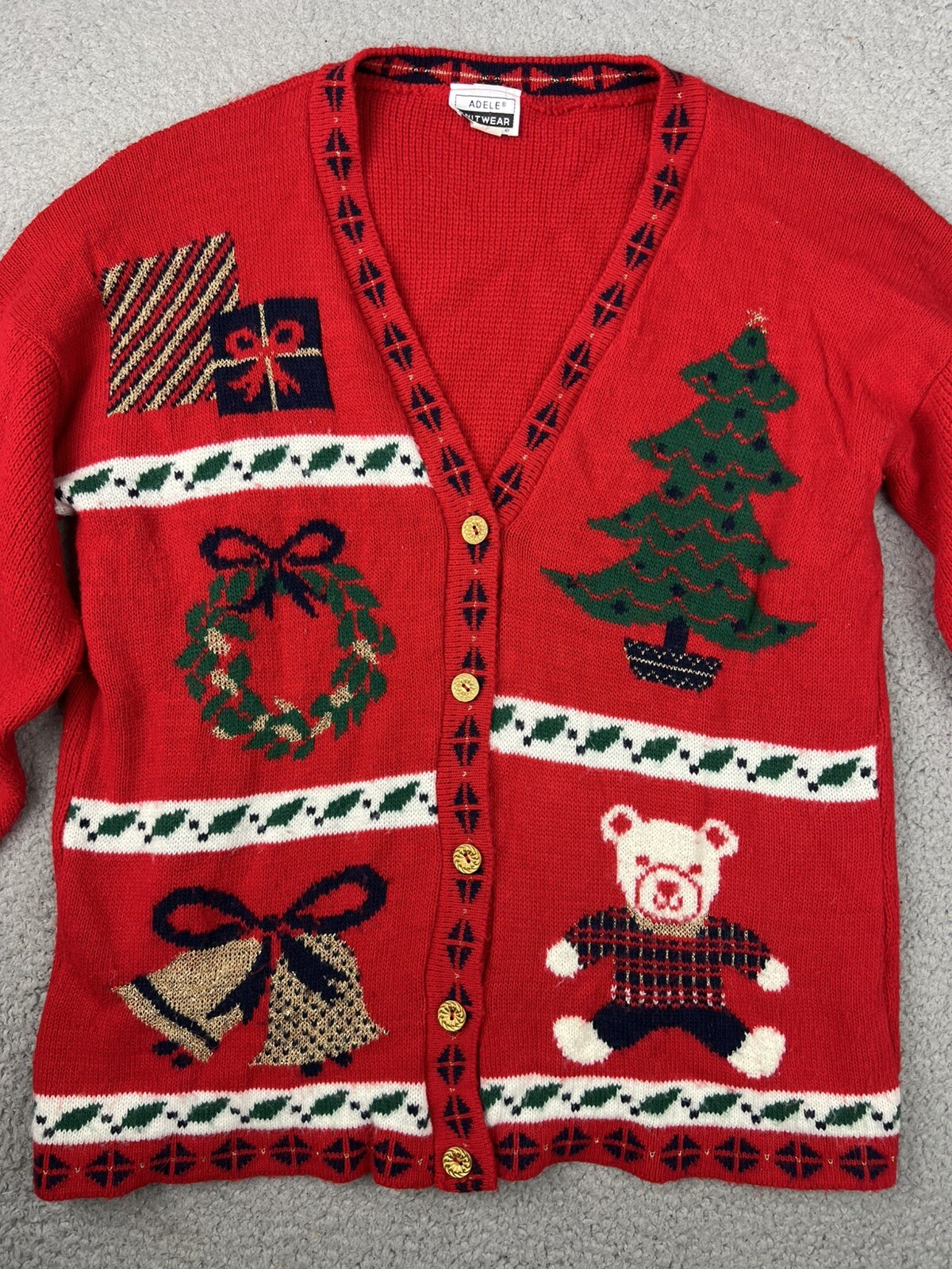 VTG Adele Knitwear Ugly Christmas Sweater Large Bear Tree Bells Present Cardigan