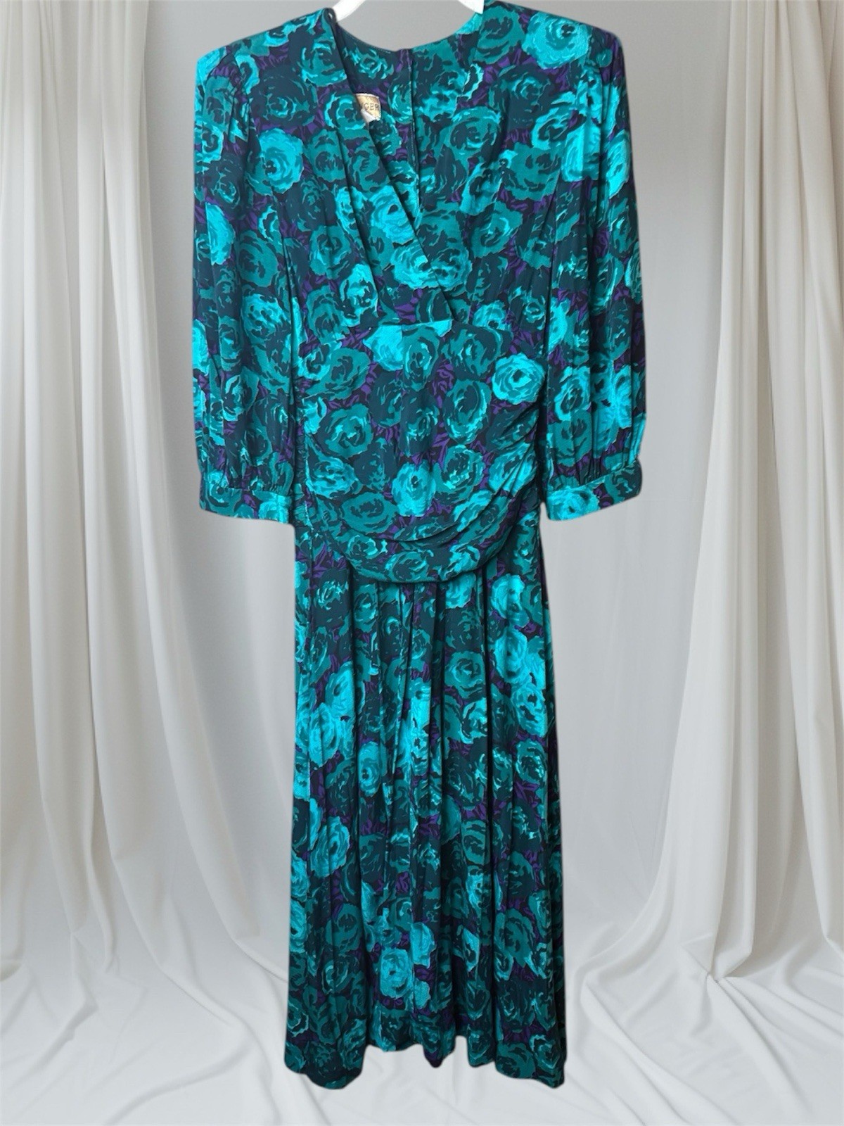 VTG 80s Jane Singer Green 3/4 Sleeve midi dress with a ruched drop waist 4P
