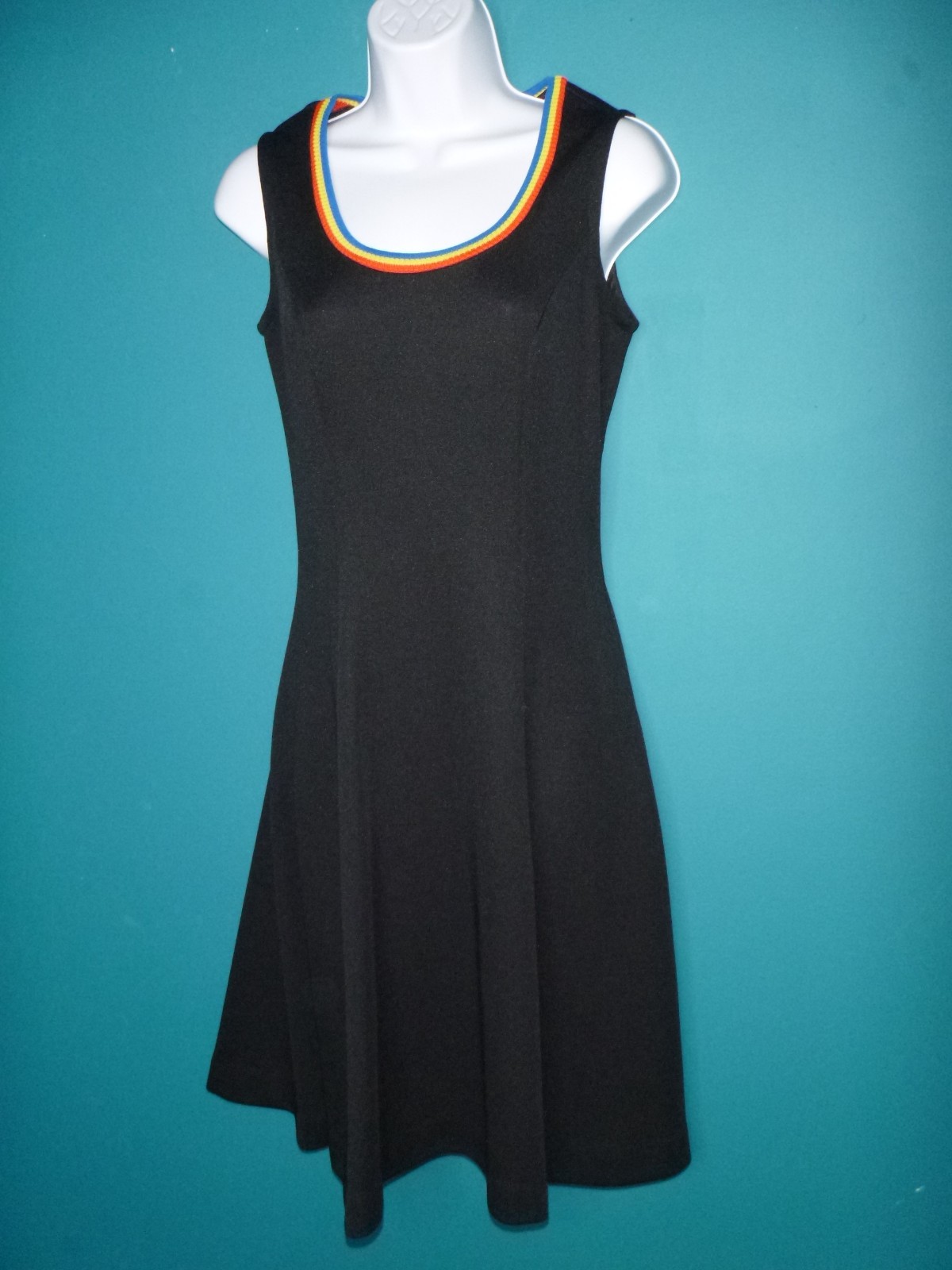 Vtg 70s Kelly Arden Stretch Poly Mini Dress W/ Cardigan Black Rainbow Trim Sz S