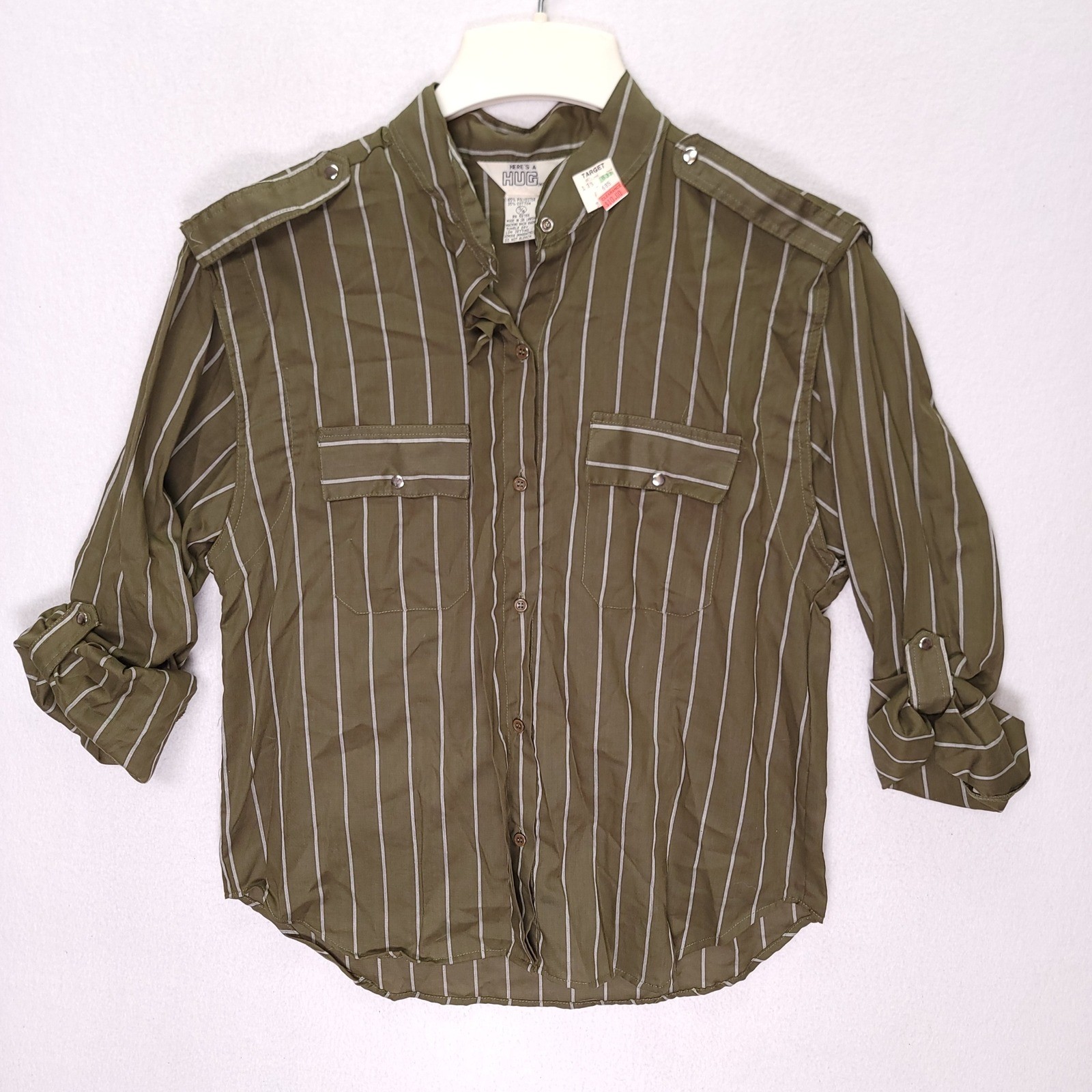 Vintage 90s Heres A Hug Olive Striped Utility Shirt NWT Size 13/14 Epaulettes