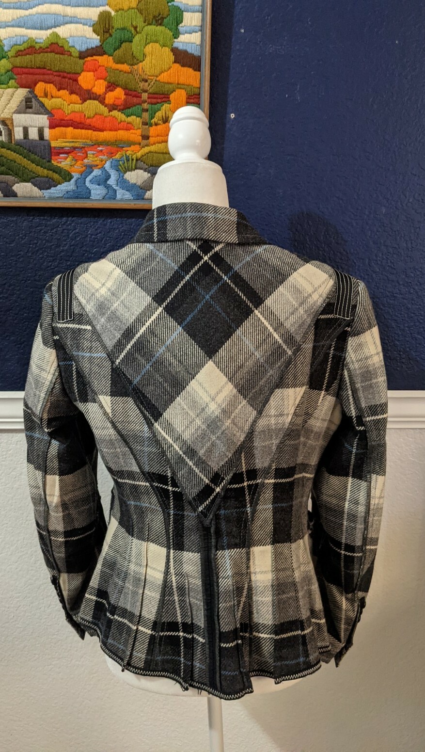 VTG Marc Aurel Black Blue White Plaid Blazer Sz 40 Medium M
