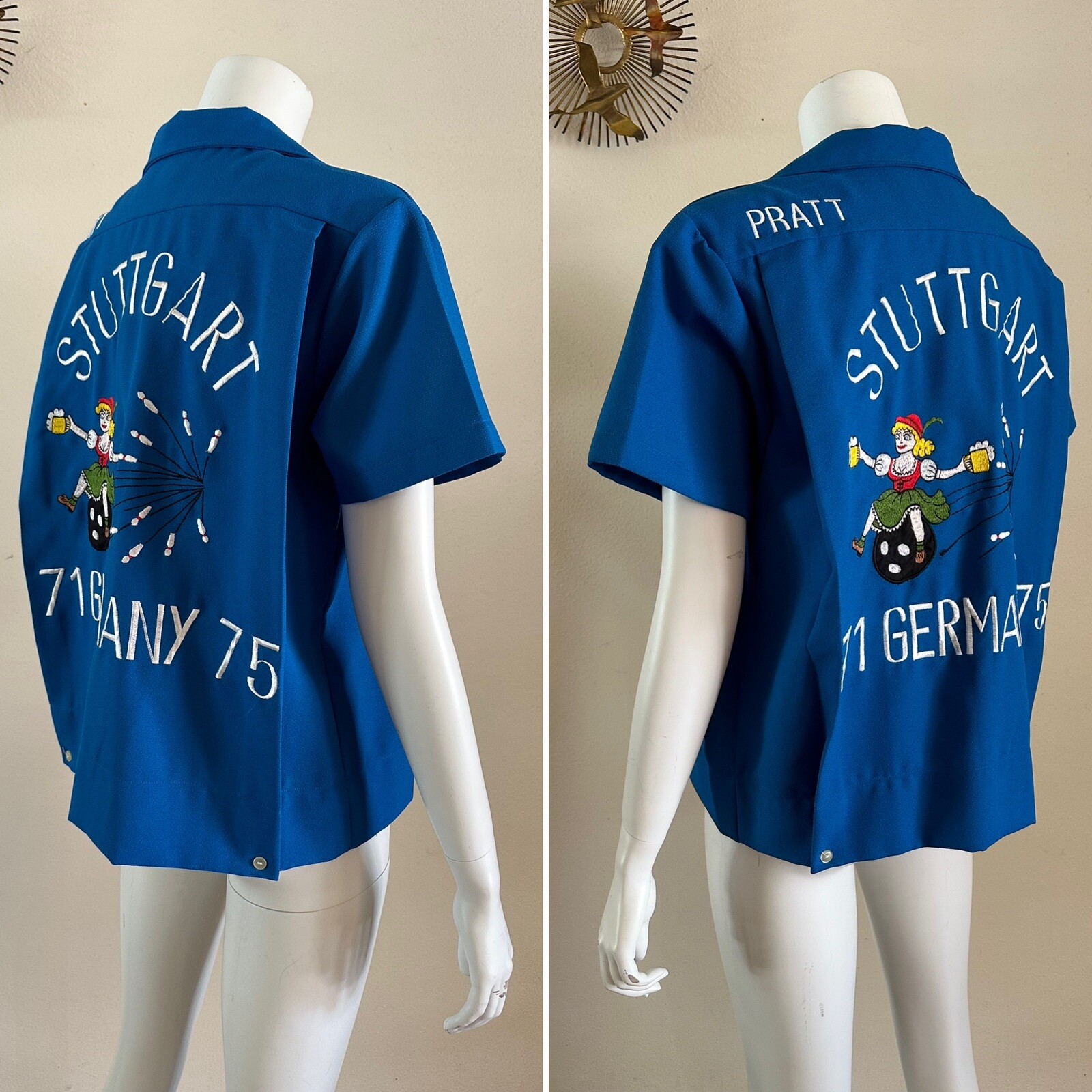 1970s USAF Germany Embroidered Womens Bowling Party Souvenir Shirt Blouse Vtg