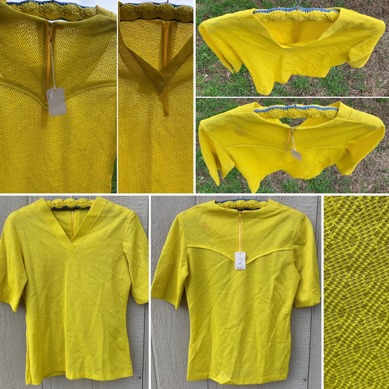 Vintage H Bar C California Ranchwear Top Diamond Pattern Knit Yellow 60s 70s M