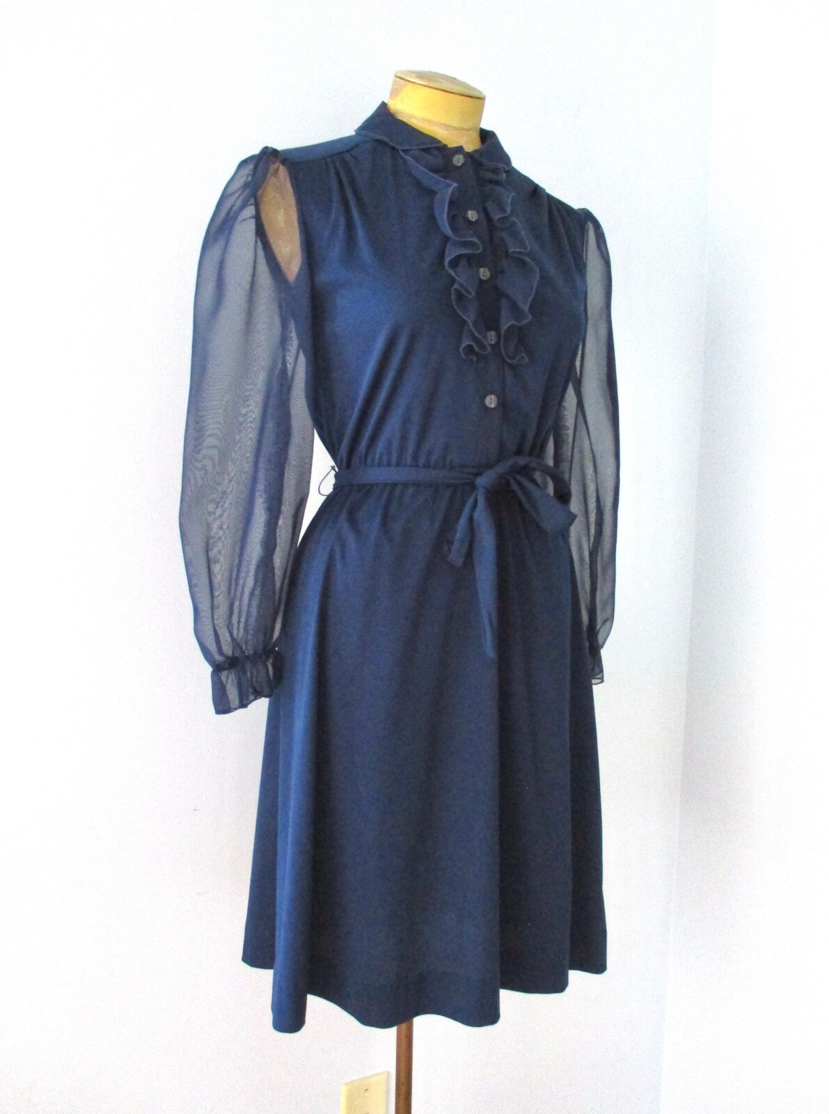 Vtg 70s Blue Poly Chiffon Knit Dress Sheer Puff Sleeves Tuxedo Ruffle PS or S