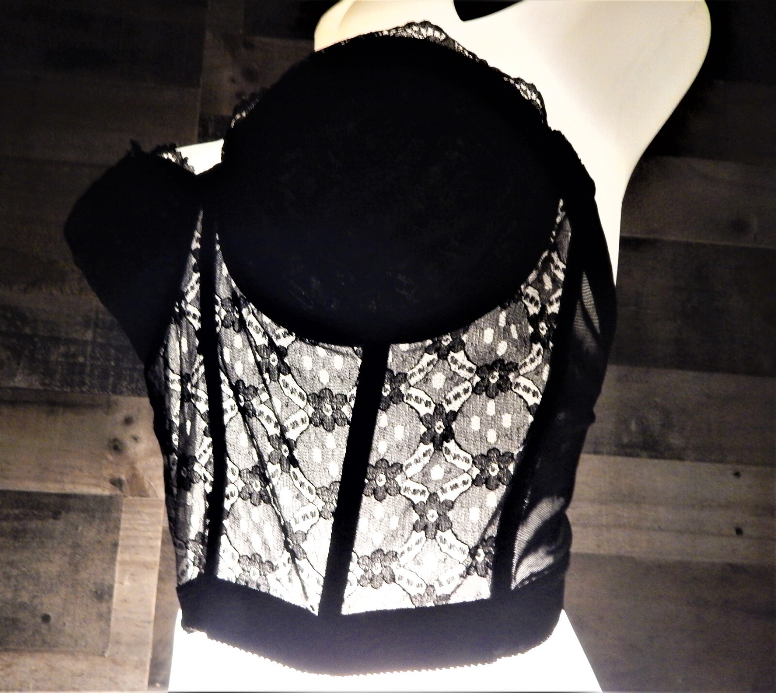 VTG Sears Black Lace Longline Padded Strapless Wire Bra 38C Low Plunging Back