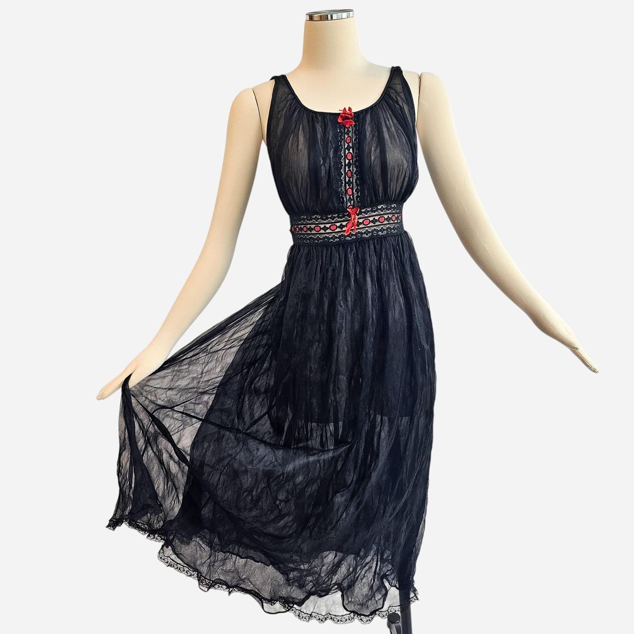 Vintage 1960s Black Lingerie Nightgown Slip Dress Red Lace Chiffon 60s Avian