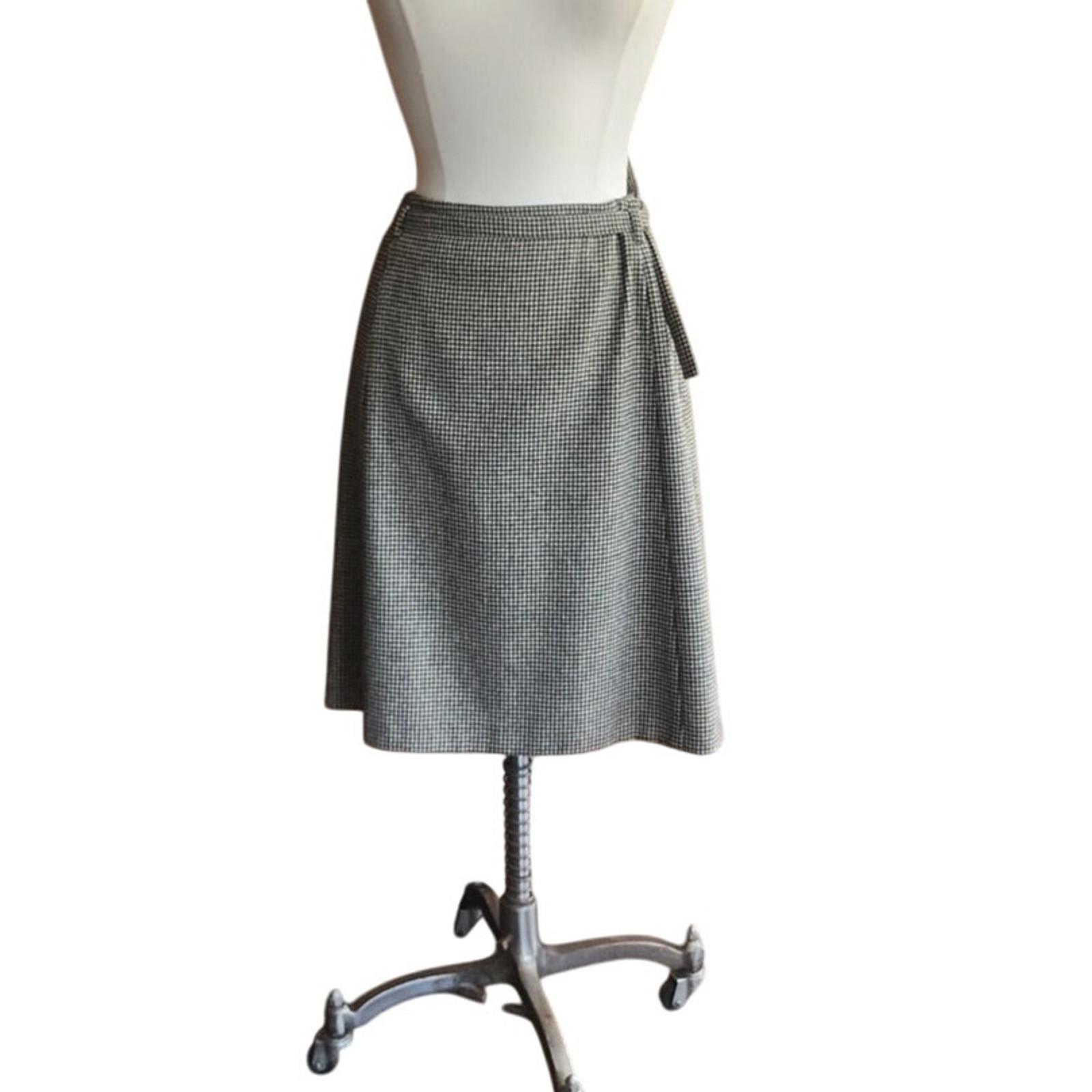 Vintage Dries Van Noten Skirt Gray Houndstooth Wool Knee Length Belt Sash Medium
