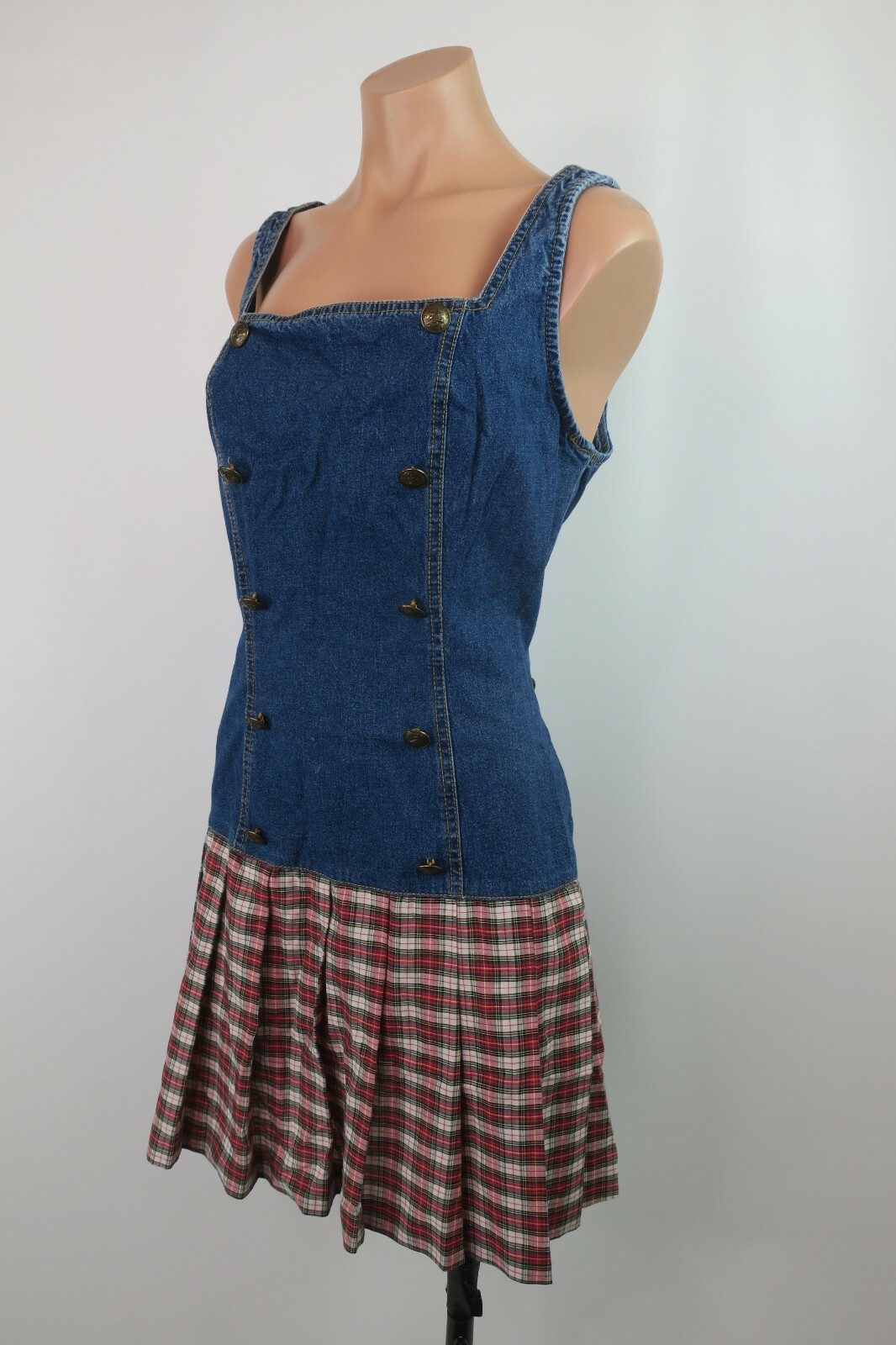 Plaid Pleated Rockabilly Grunge Dress y2k VTG 90s Paris Blues Denim Drop Waist