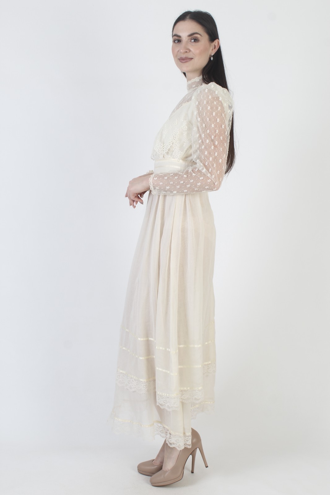 Vtg 70s Candi Jones California Dress Prairie Ivory Boho Wedding Victorian Gown