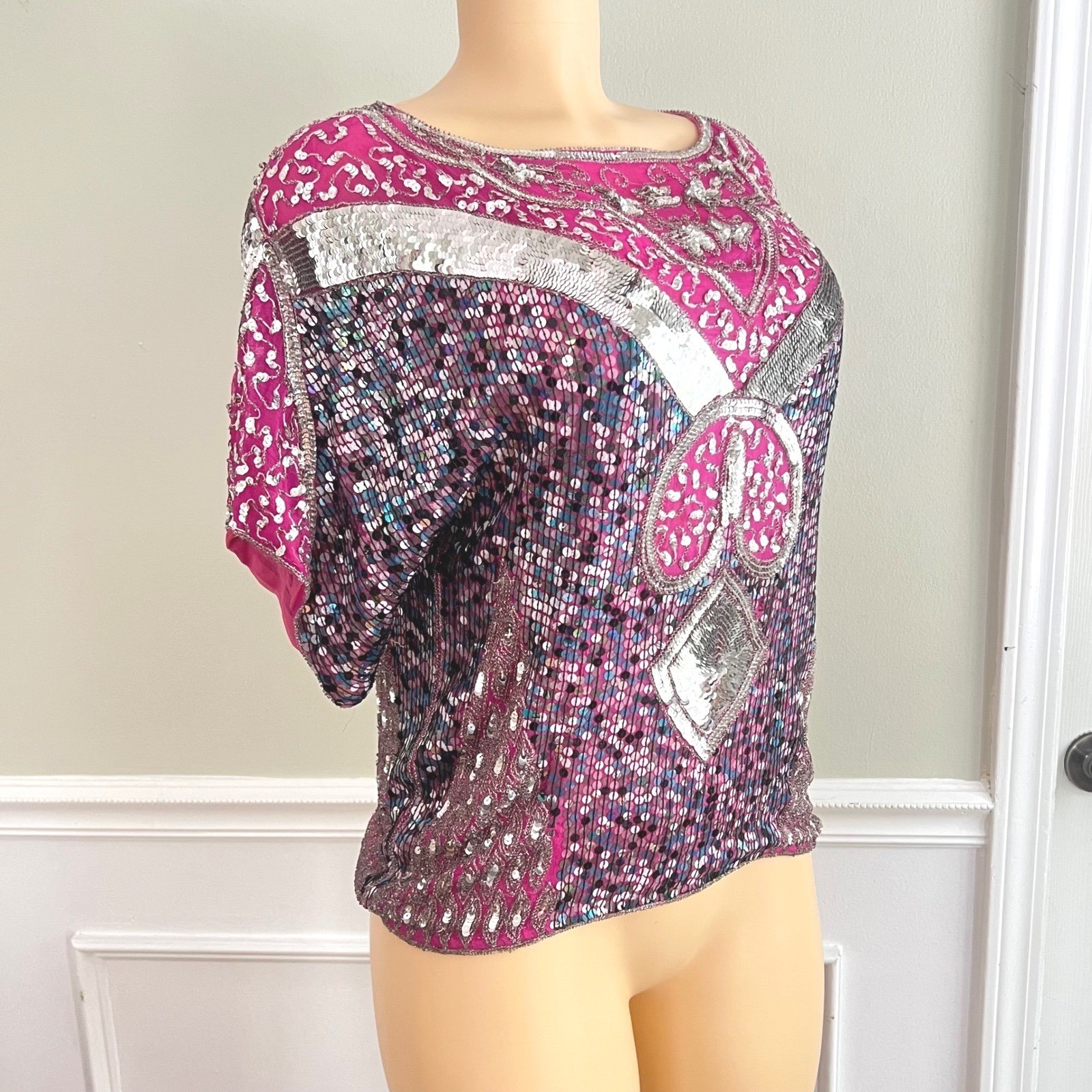 Vintage Sequin Top Women Medium Pink Silver Beaded Silk 80s Glam Disco Party