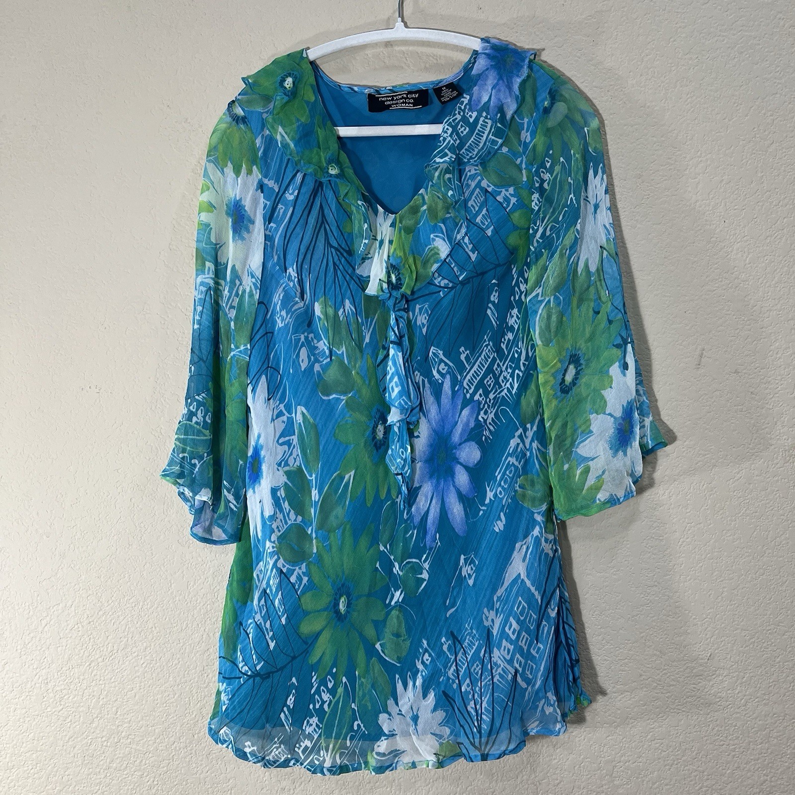 NEW YORK CITY DESIGN CO VTG SZ XL 100% SILk TOP PULLOVER MULTI BLUE RUFFLE BOHO