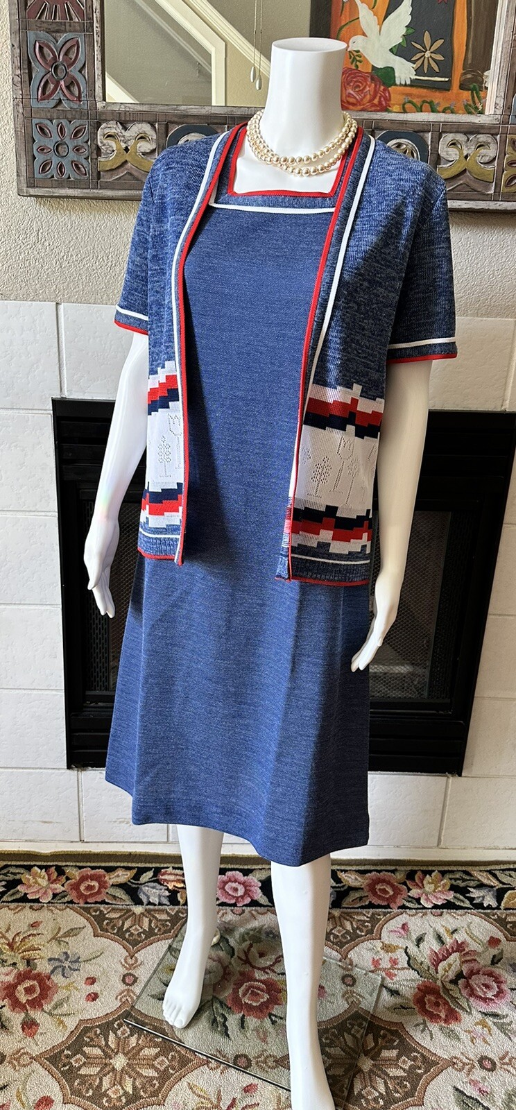 VTG 1960s Bleeker Street Drop Waist Blue Dress & Jacket XL Blue Red White