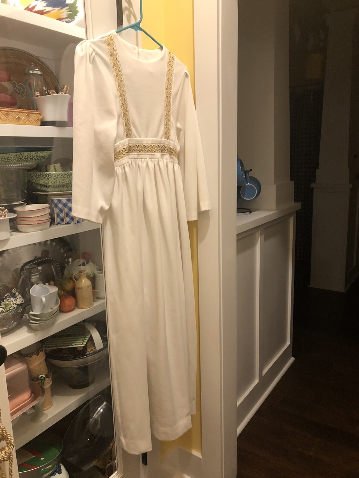 Vintage JC Penney Fashions Polyester Long White Dress With Gold Trim 10