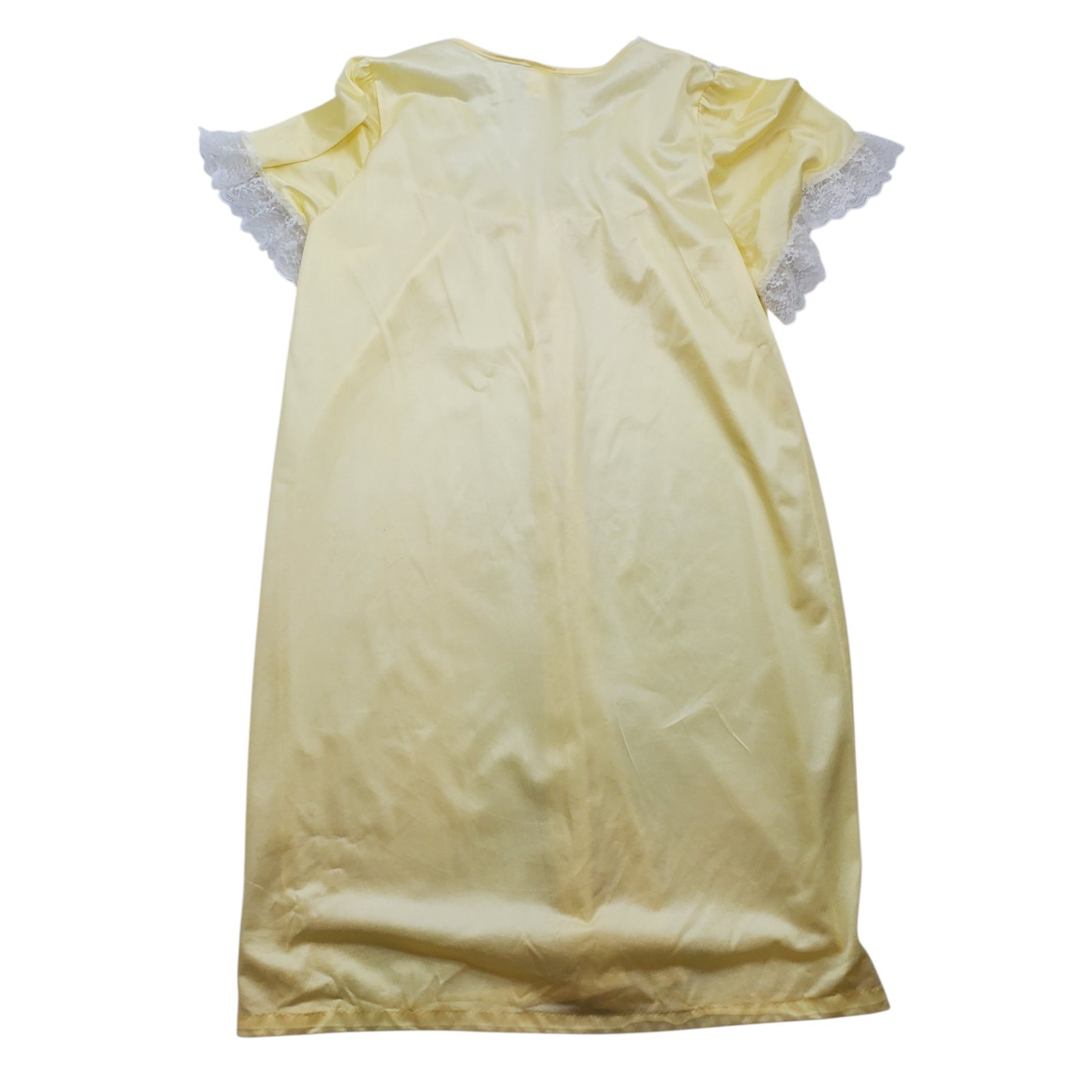 Vtg Miss Diva Nylon Nightgown Yellow Seiz Med USA Lace Embroidered button V Neck