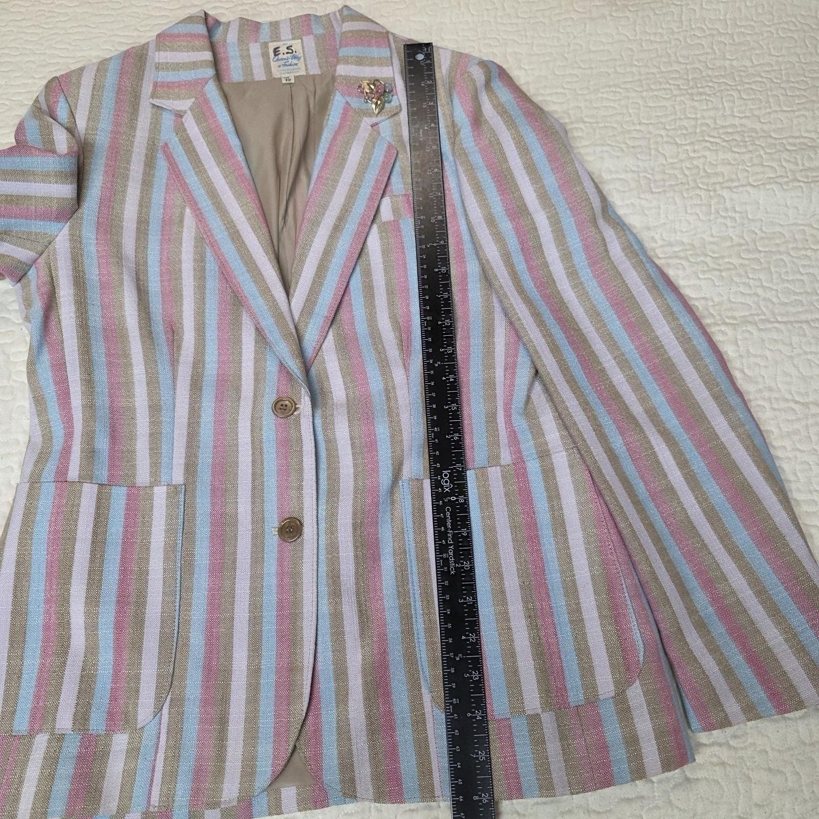 Blazer Jacket Size 12 Queens Way Fashion Pastel Striped Japan Moonstone Brooch
