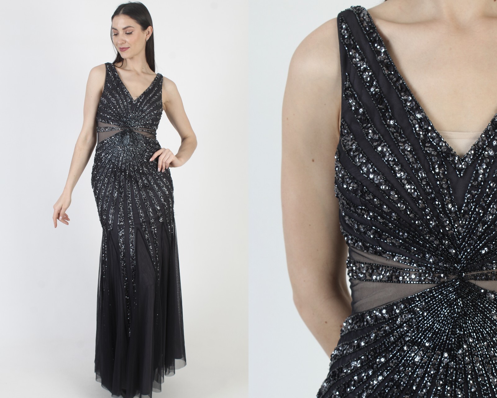 Adrianna Papell Beaded Dress Vtg Y2K Navy Prom Gown Long 2000s Evening Maxi Sz 2