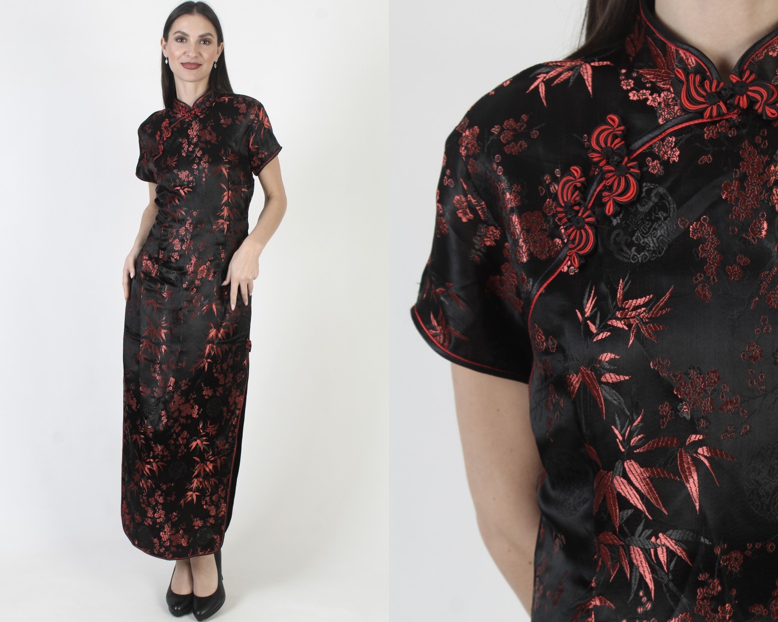 Black Chinese Cheongsam Dress Red Floral Geisha Mandarin Side Slit Anime Maxi