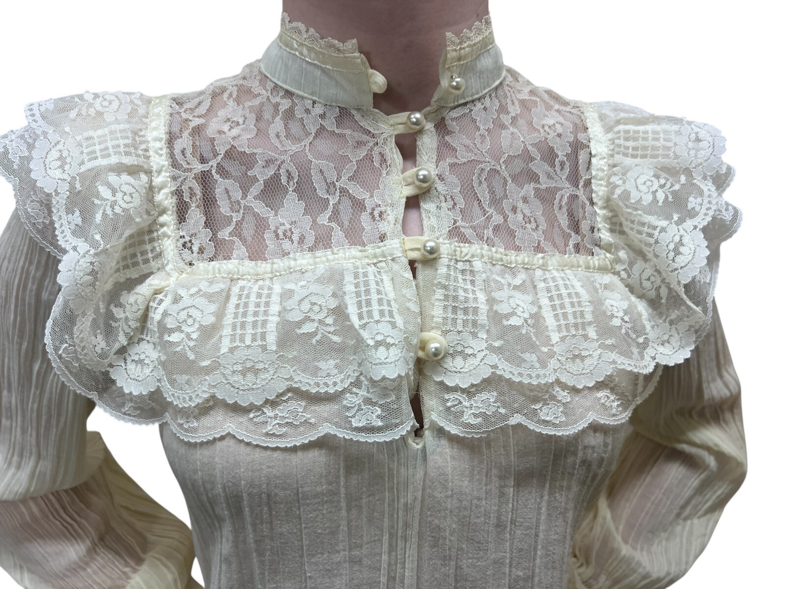 Vtg 70s Sz 7 XS~S Gunne Sax Shirt Blouse Cream Jessica’s Gunnies Crinkle Voile