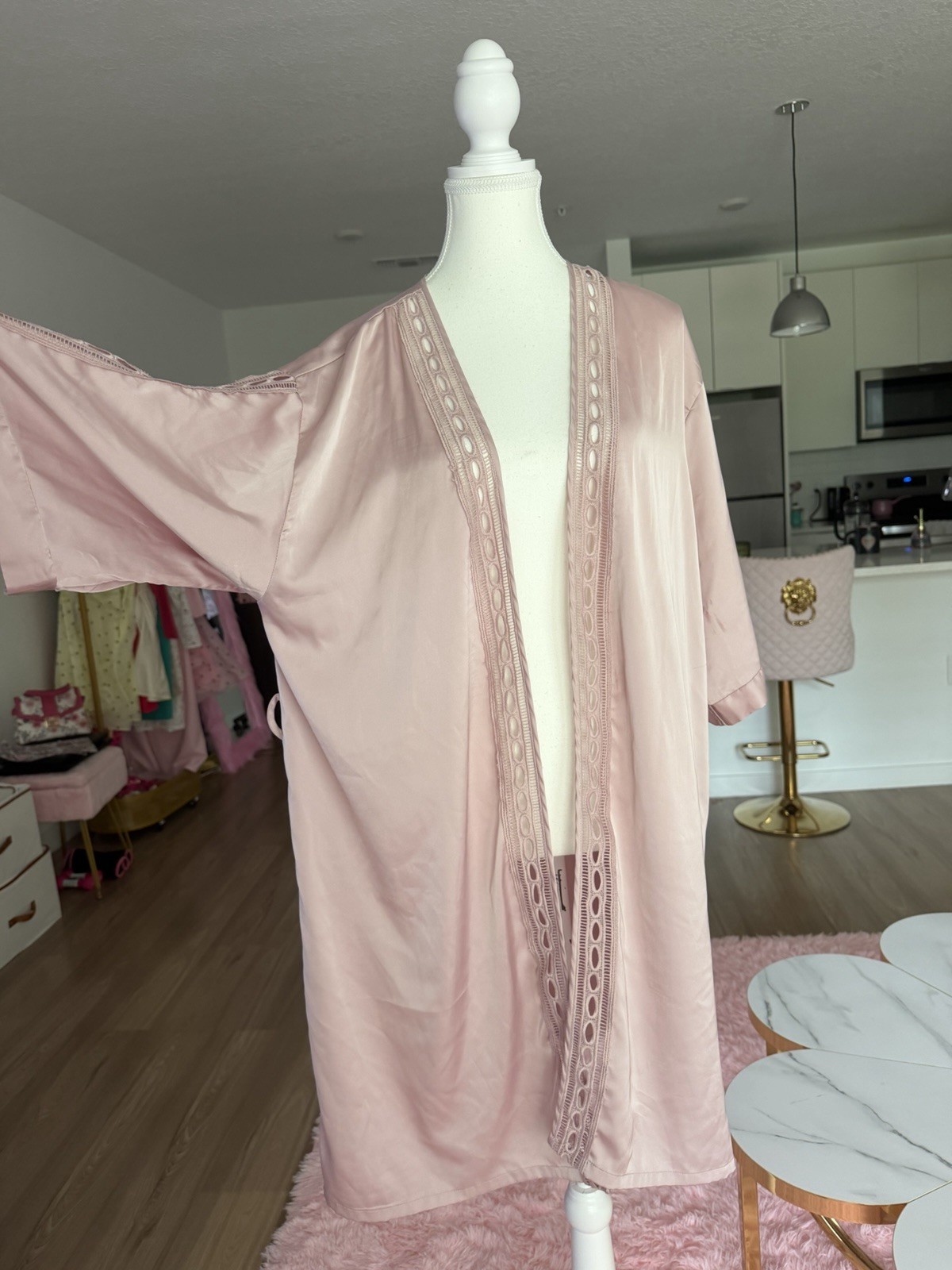 Vintage Pink satin robe with lace trim and diamond-shaped lace panel on the back