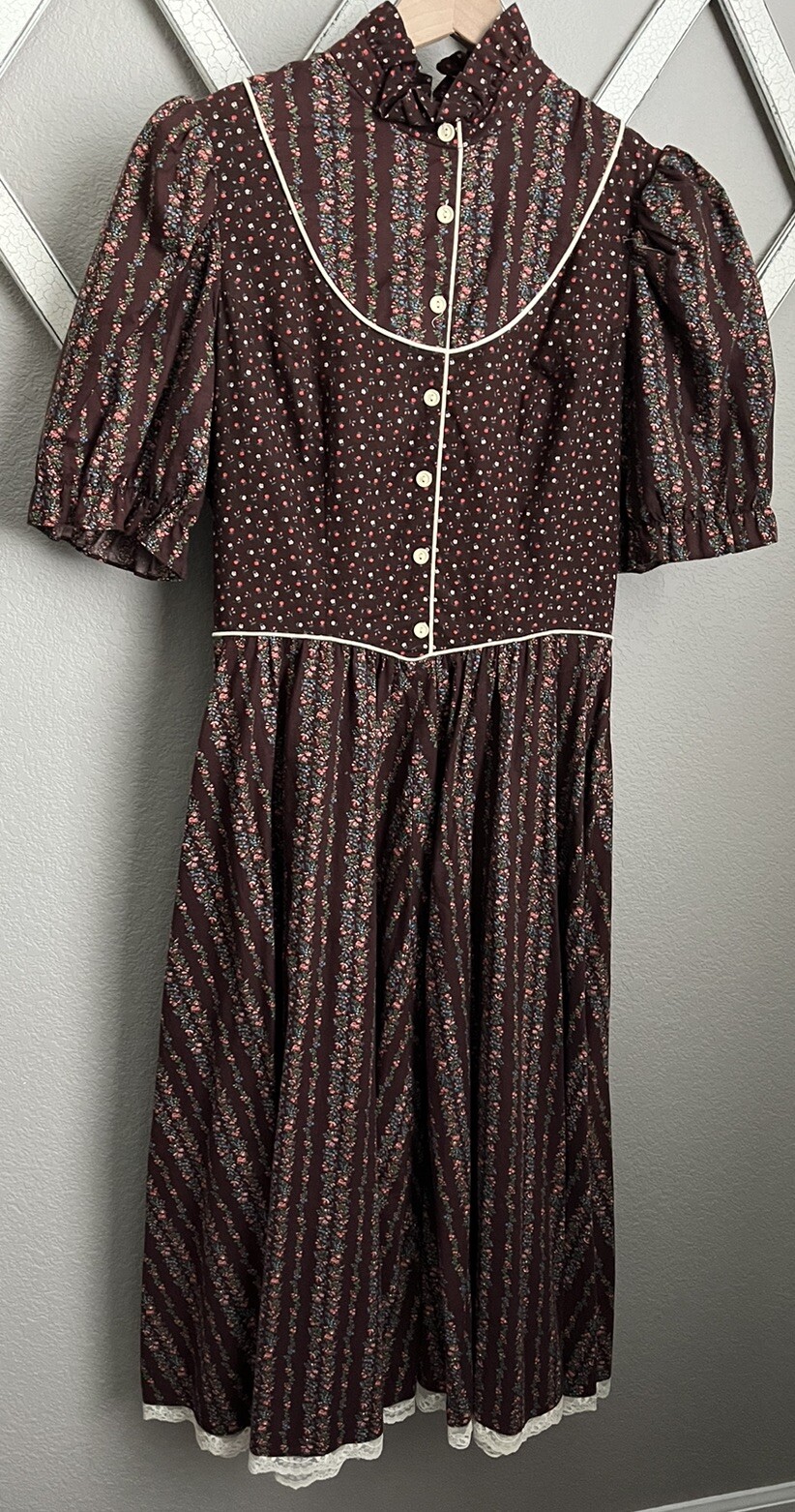 Vintage Candi Jones California sz XS/S Prairie Cottage Dress Brown Floral *READ*