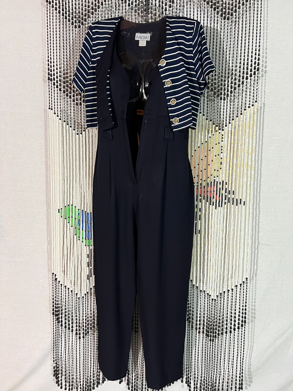 VTG 80s MENU Jumpsuit Navy Blue Attached White Striped Cropped Jacket Disco SZ 6