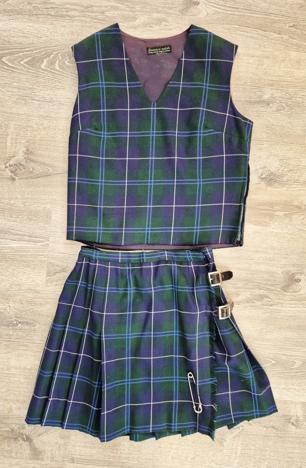 Florence Walsh Vest And Skirt Green Plaid Vintage Small Medium 1970s Schoolgirl